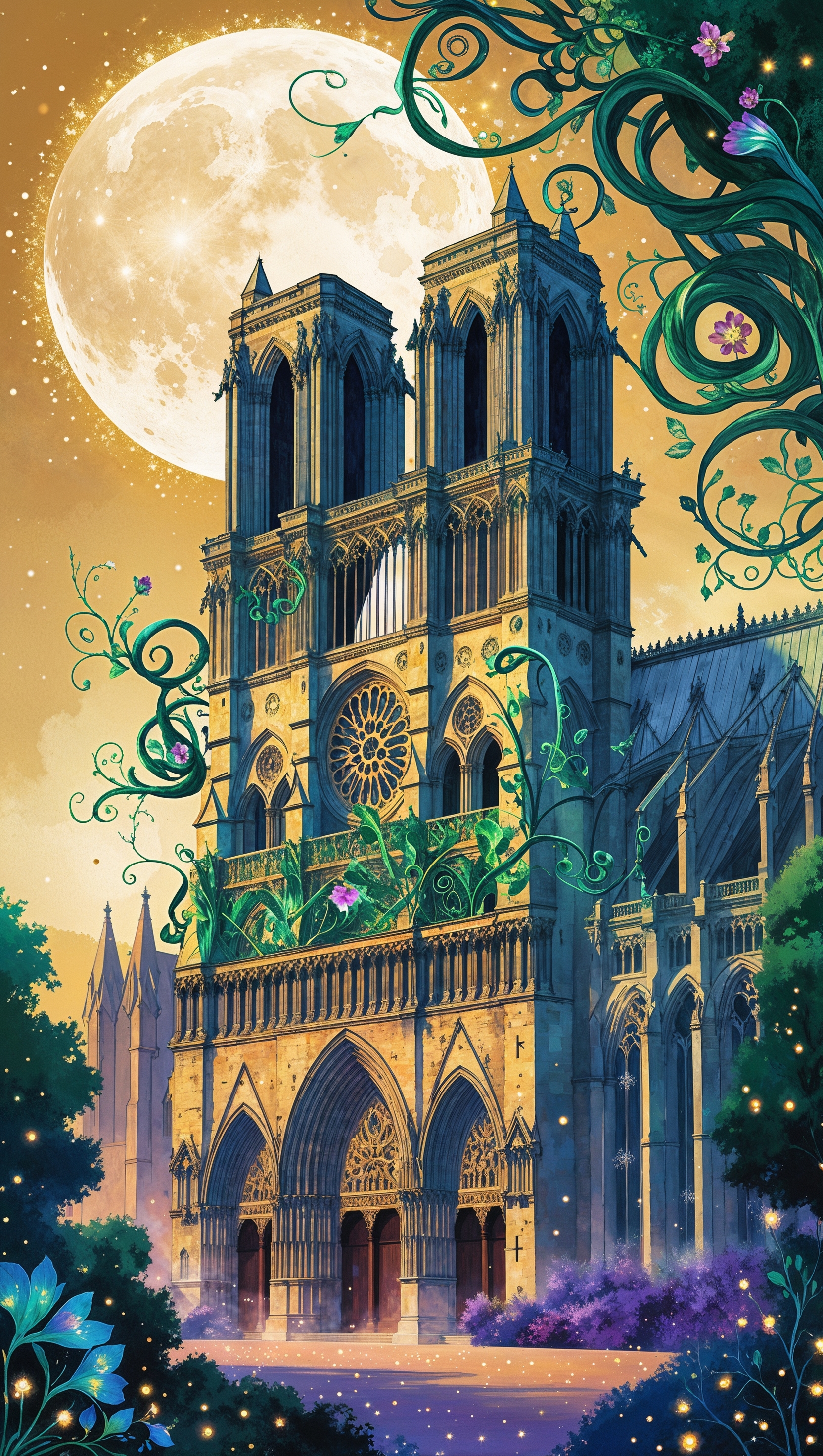 Notre Dame in a fantasy and magical style