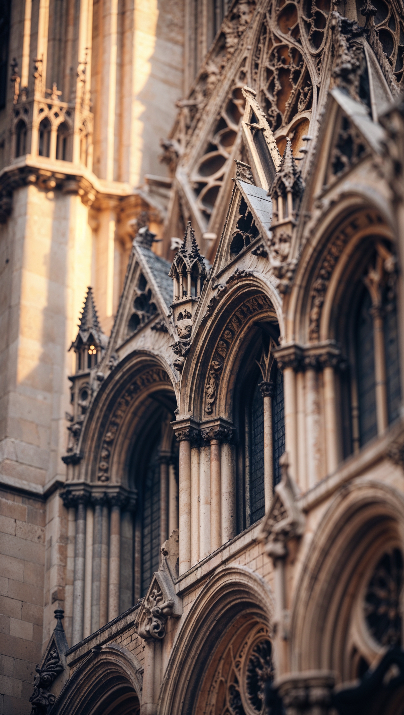 Close-up of Notre Dame’s architecture with soft lighting