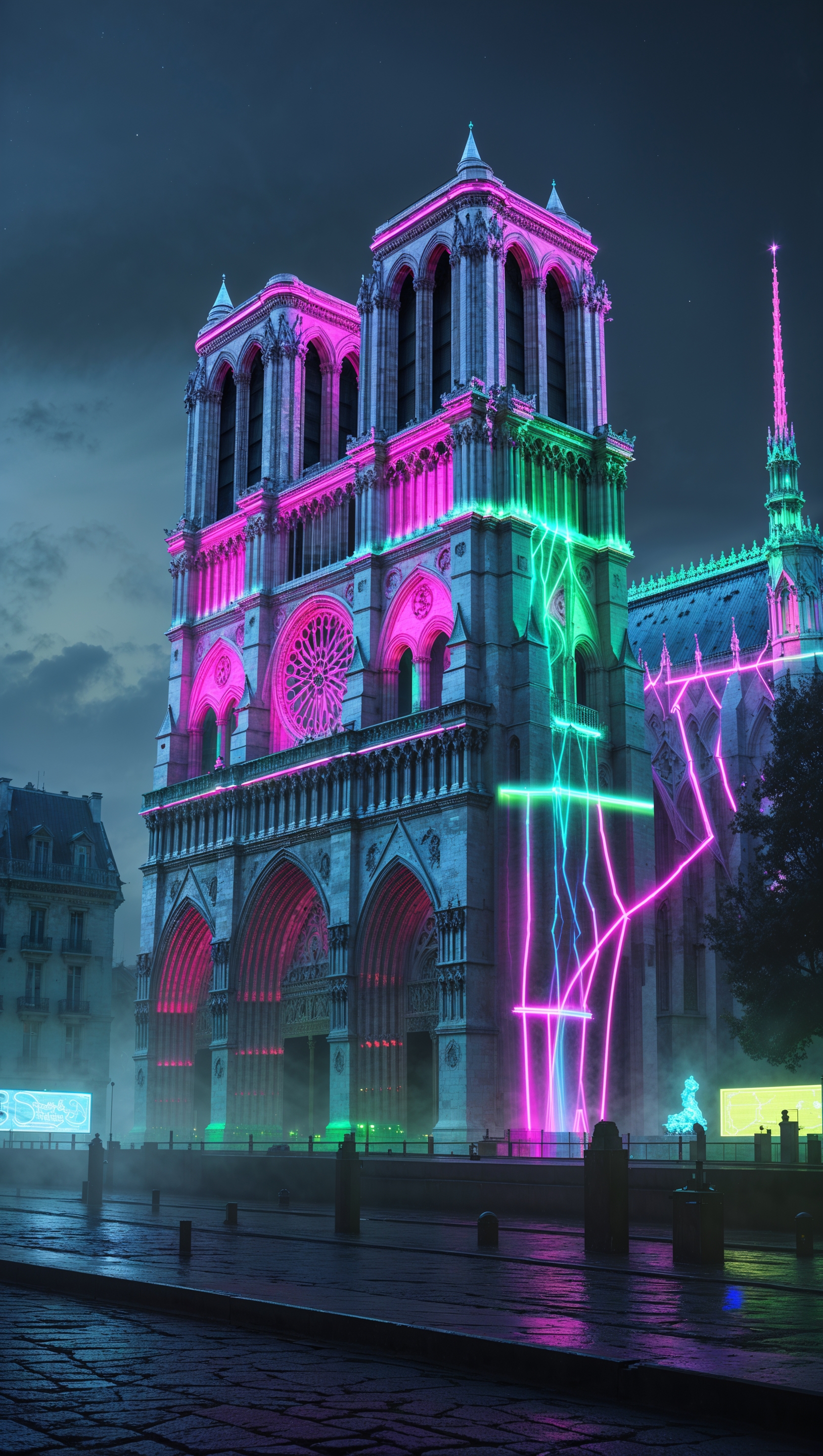 Cyberpunk style Notre Dame with neon lights