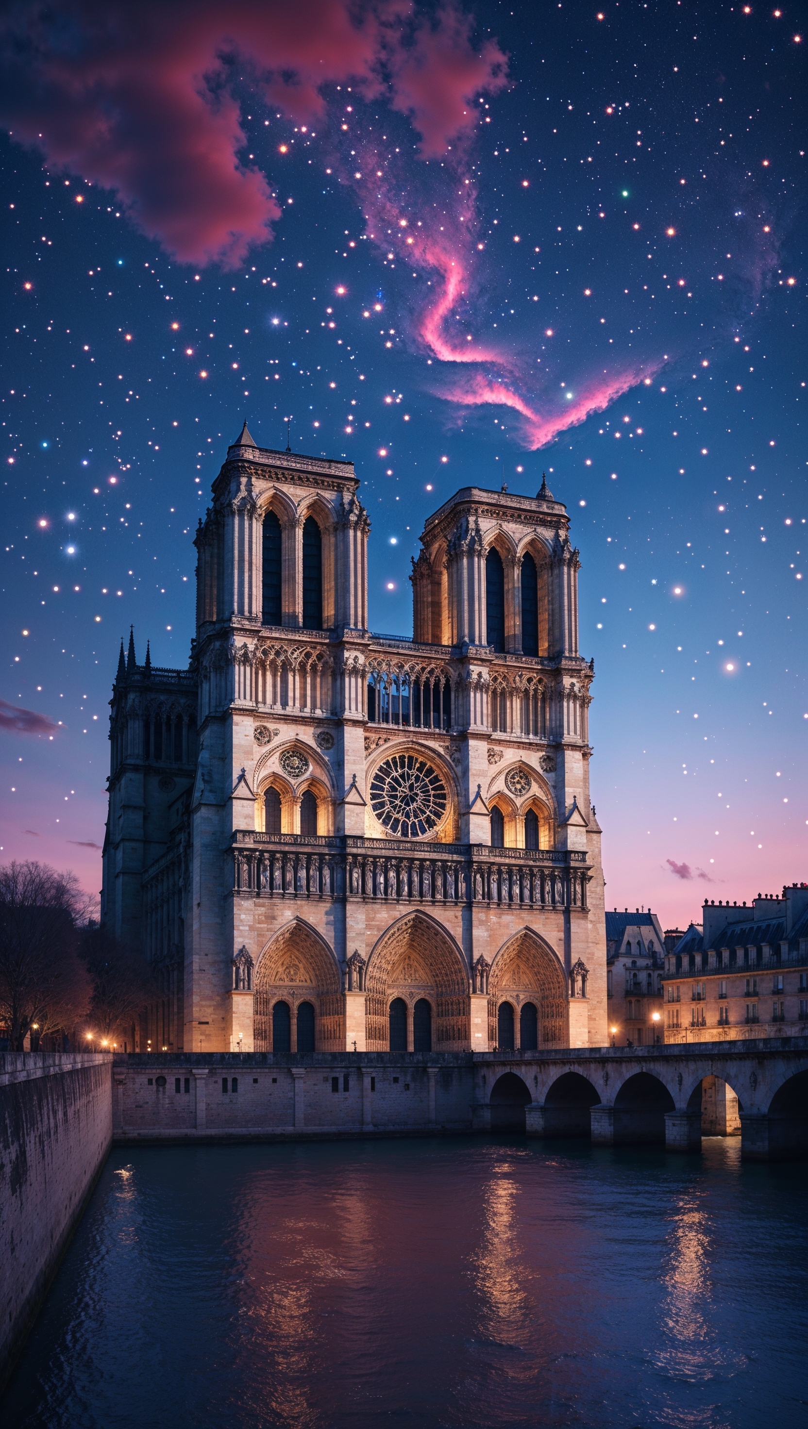 Notre Dame under a starry night sky