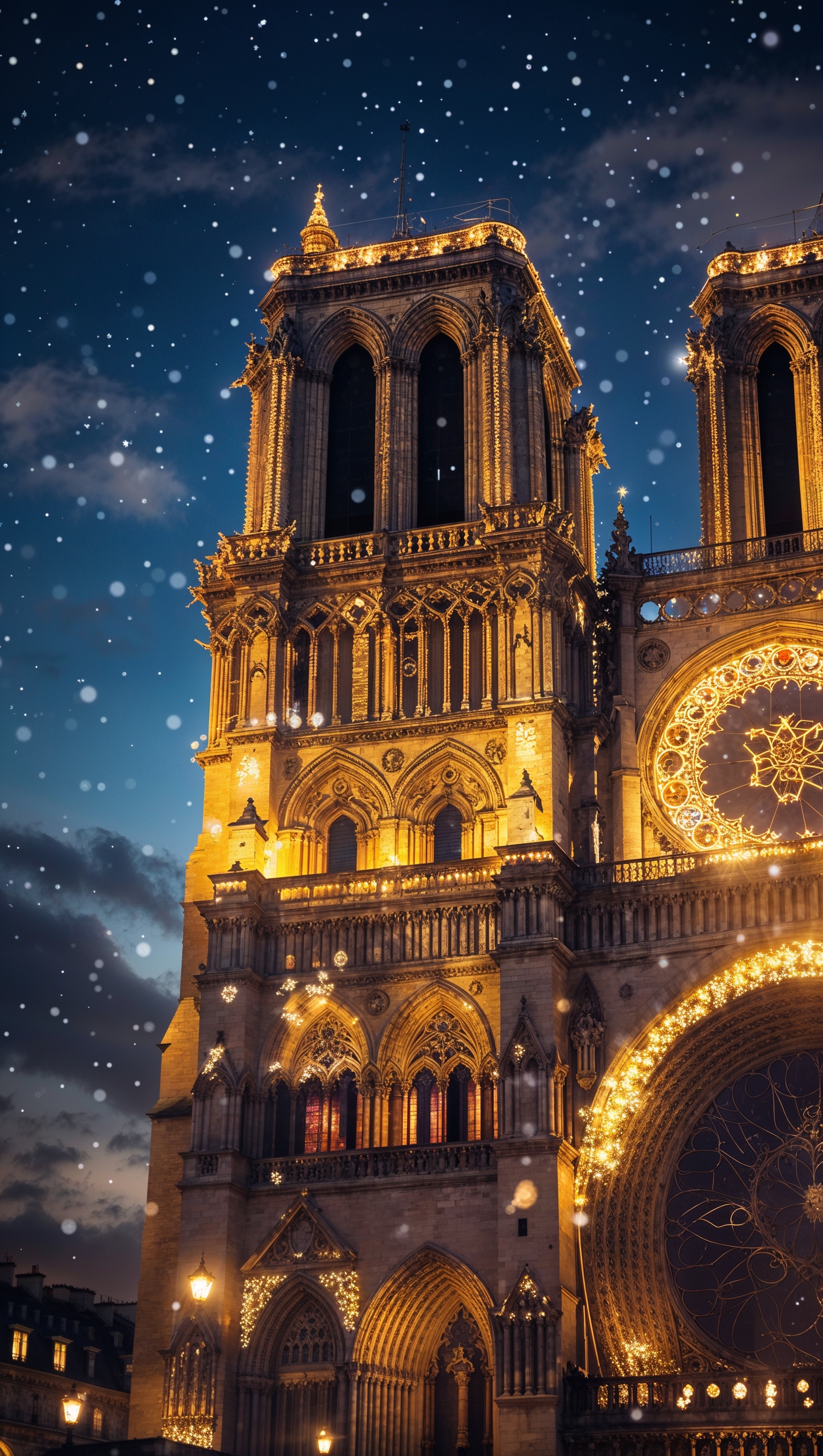 Notre Dame with Christmas lighting