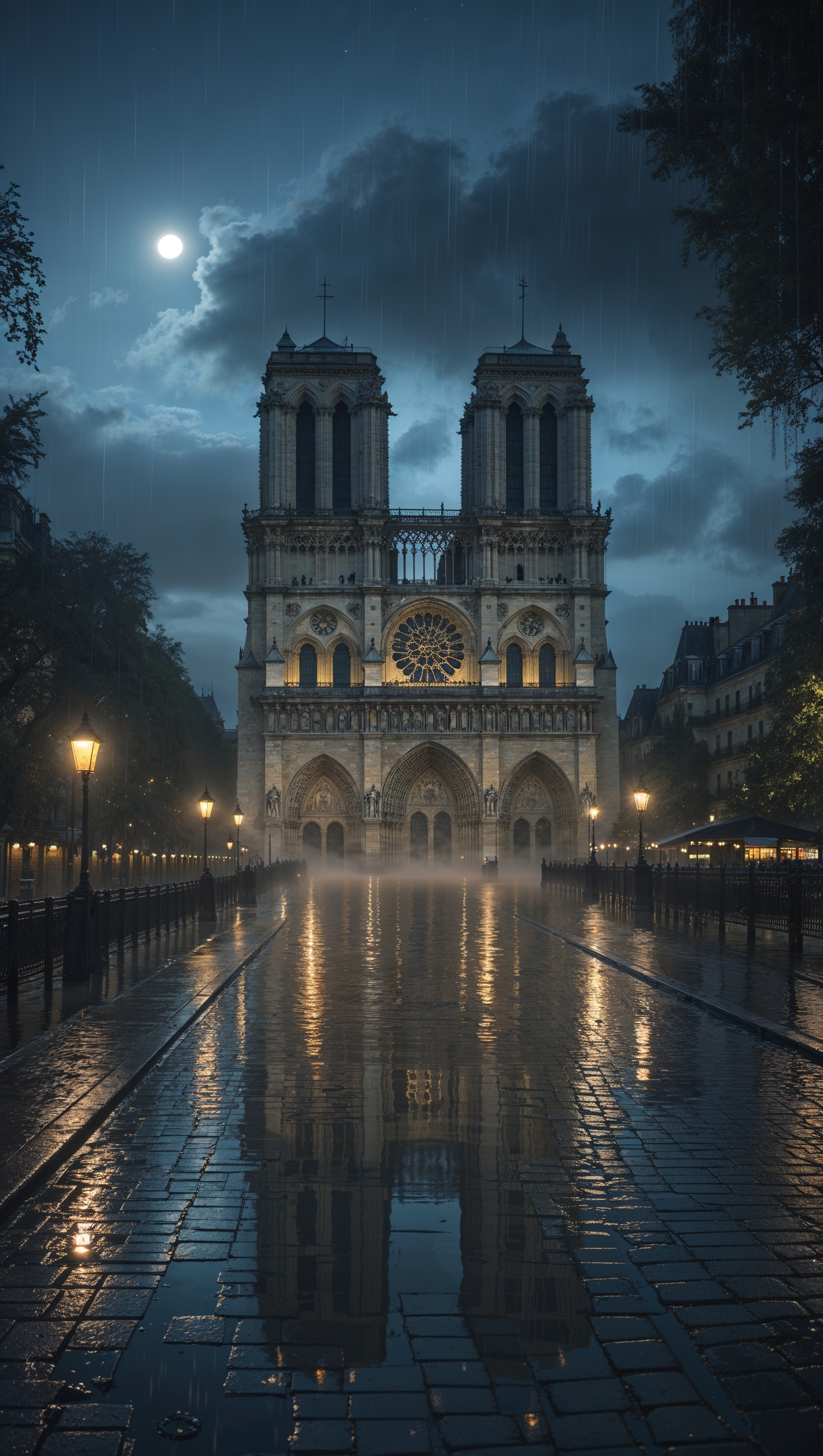 Notre Dame on a rainy night with reflections