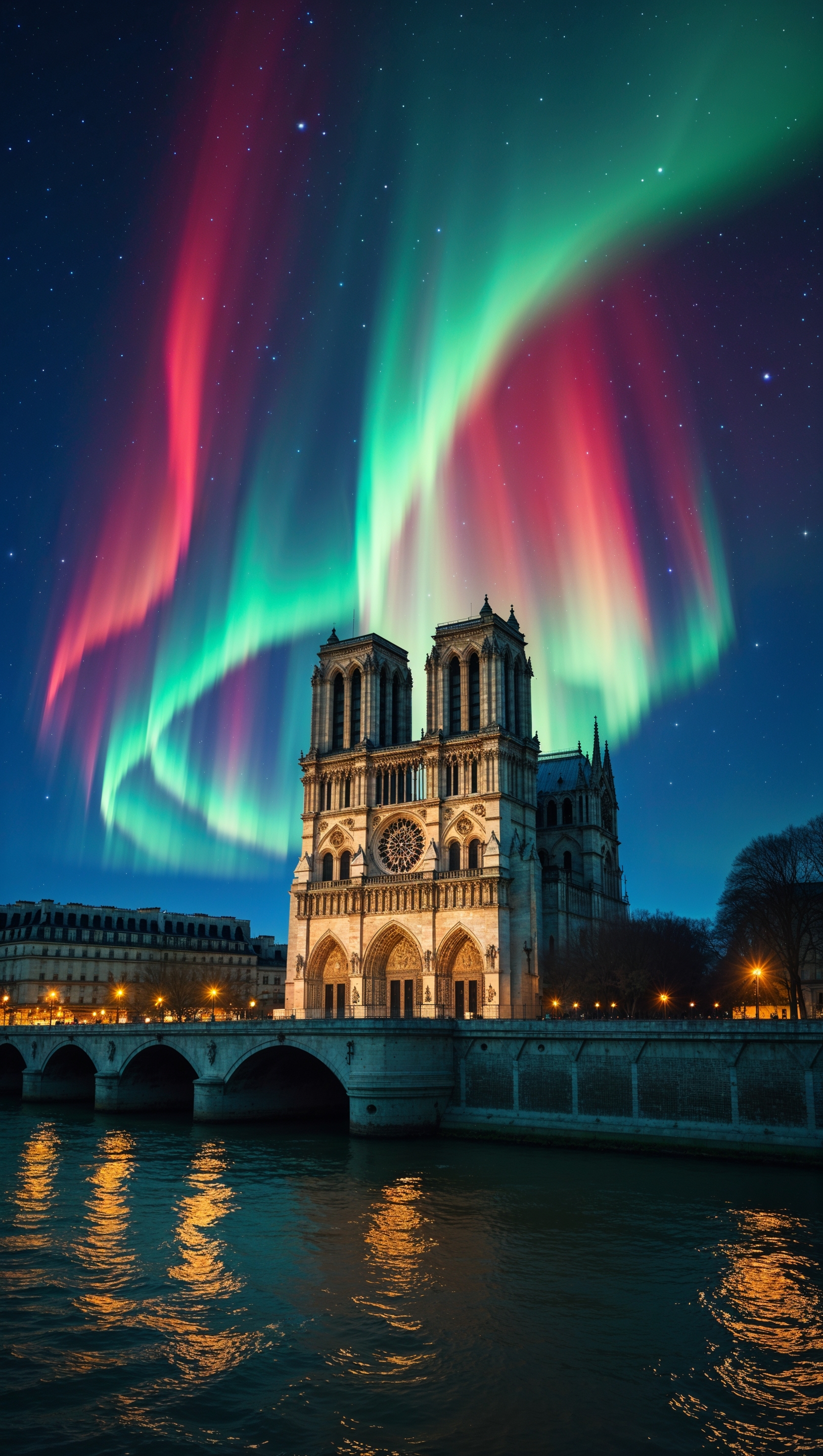 Notre Dame with northern lights in the background