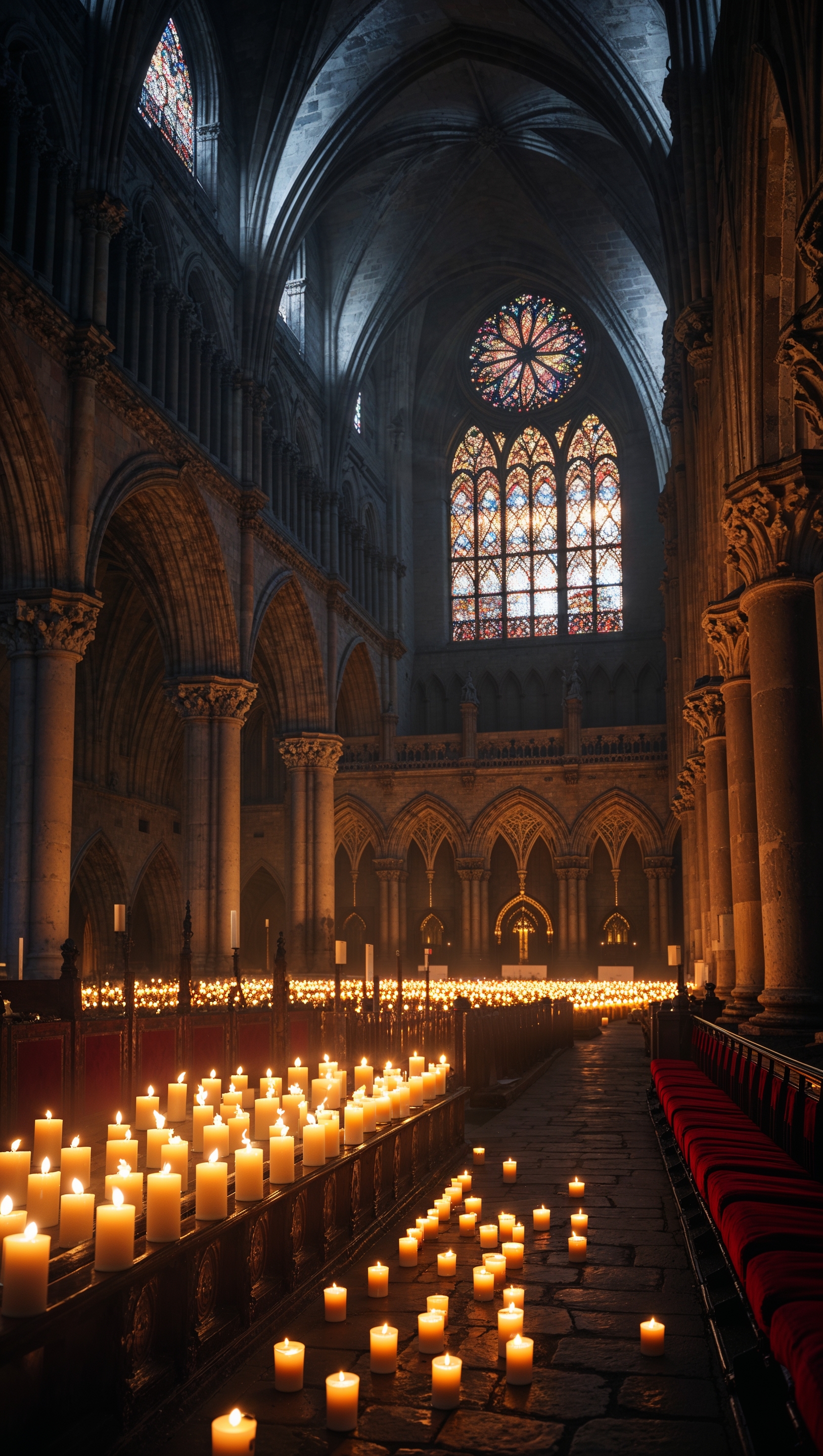 Interior of Notre Dame lit by candlelight