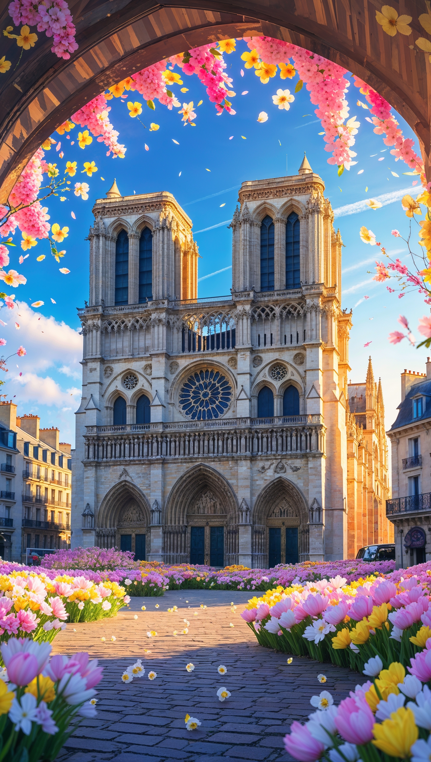 Notre Dame framed by spring flowers