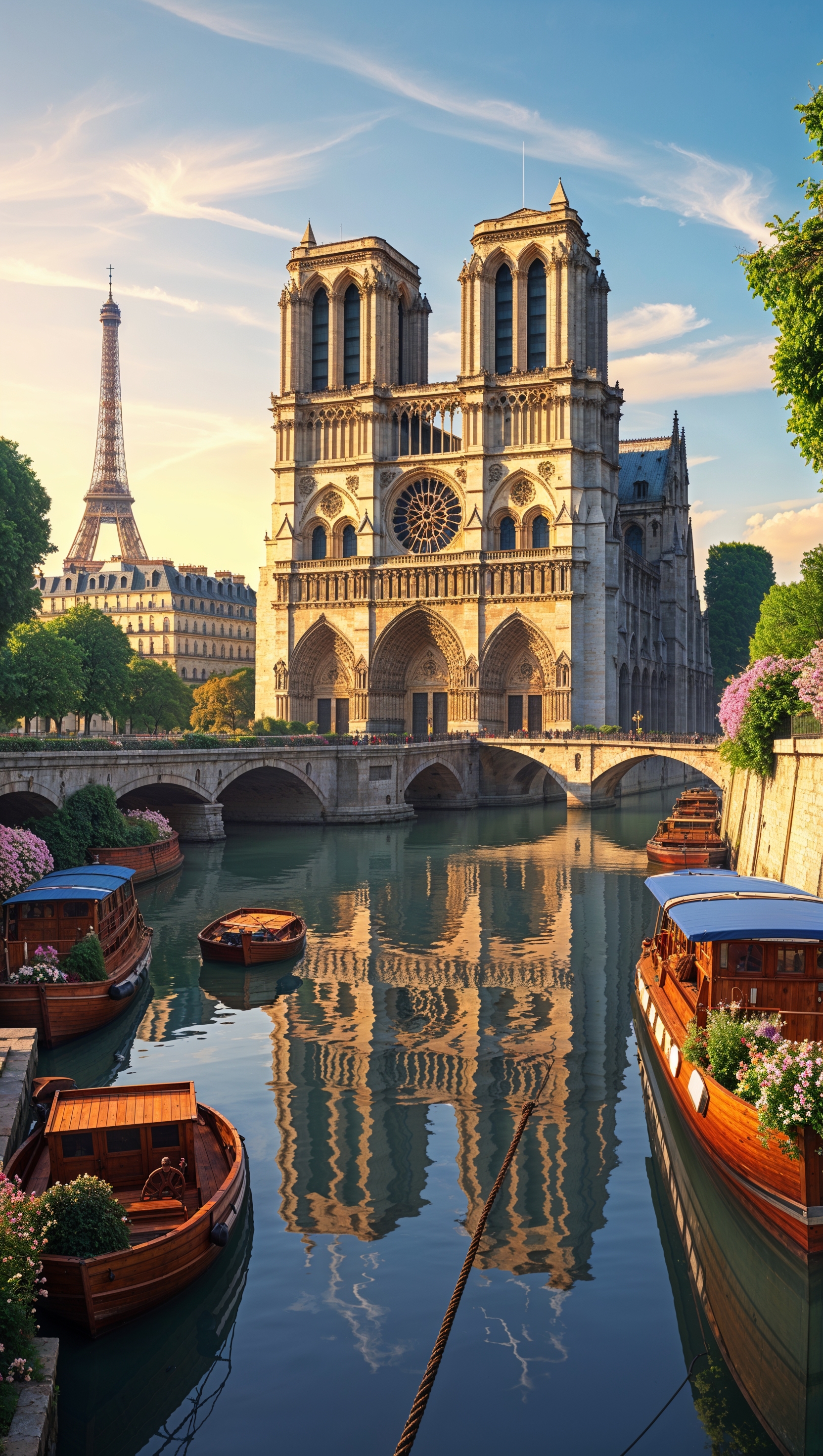 Notre Dame with boats on the Seine