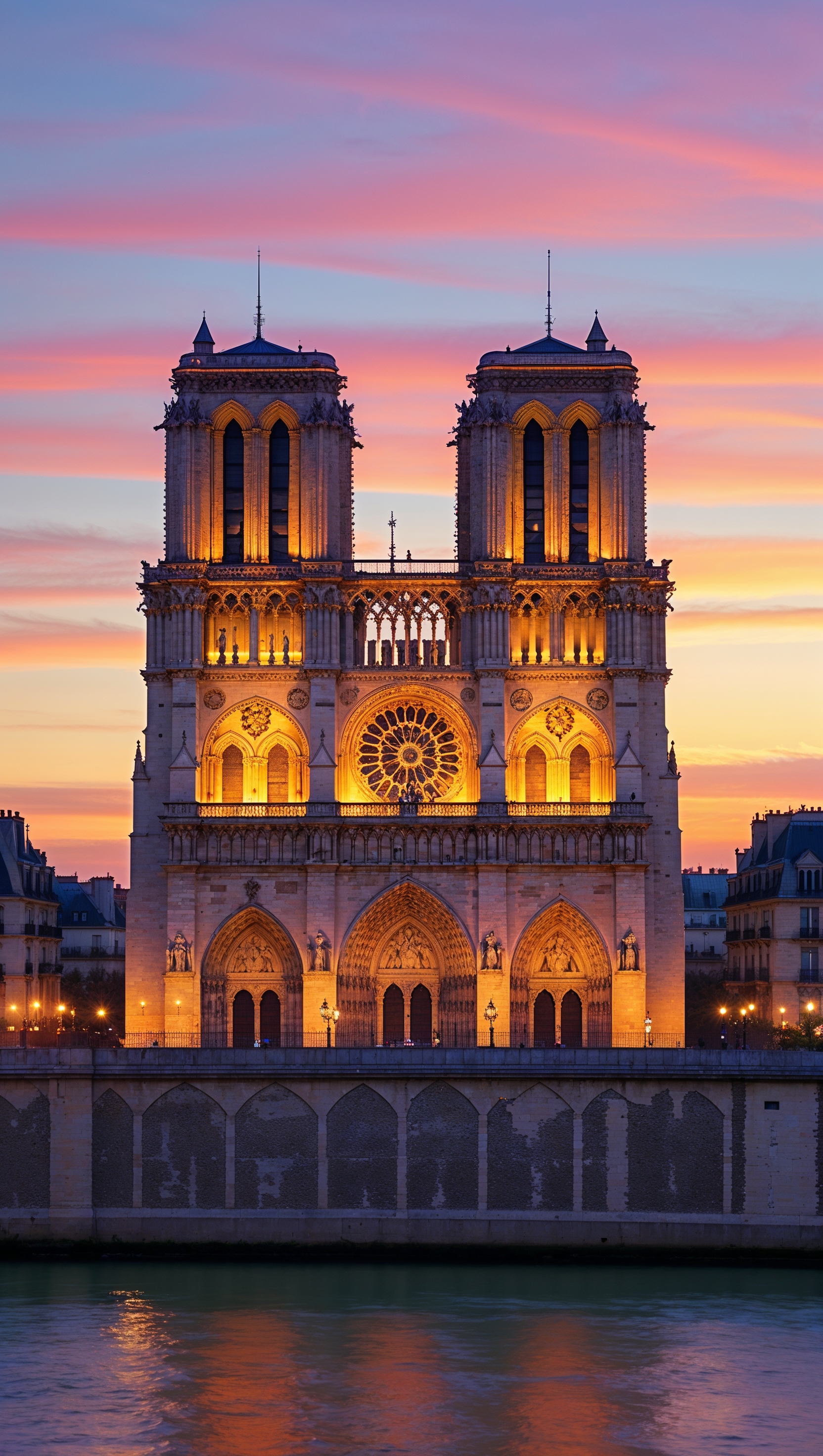 Notre Dame at sunset with warm lights