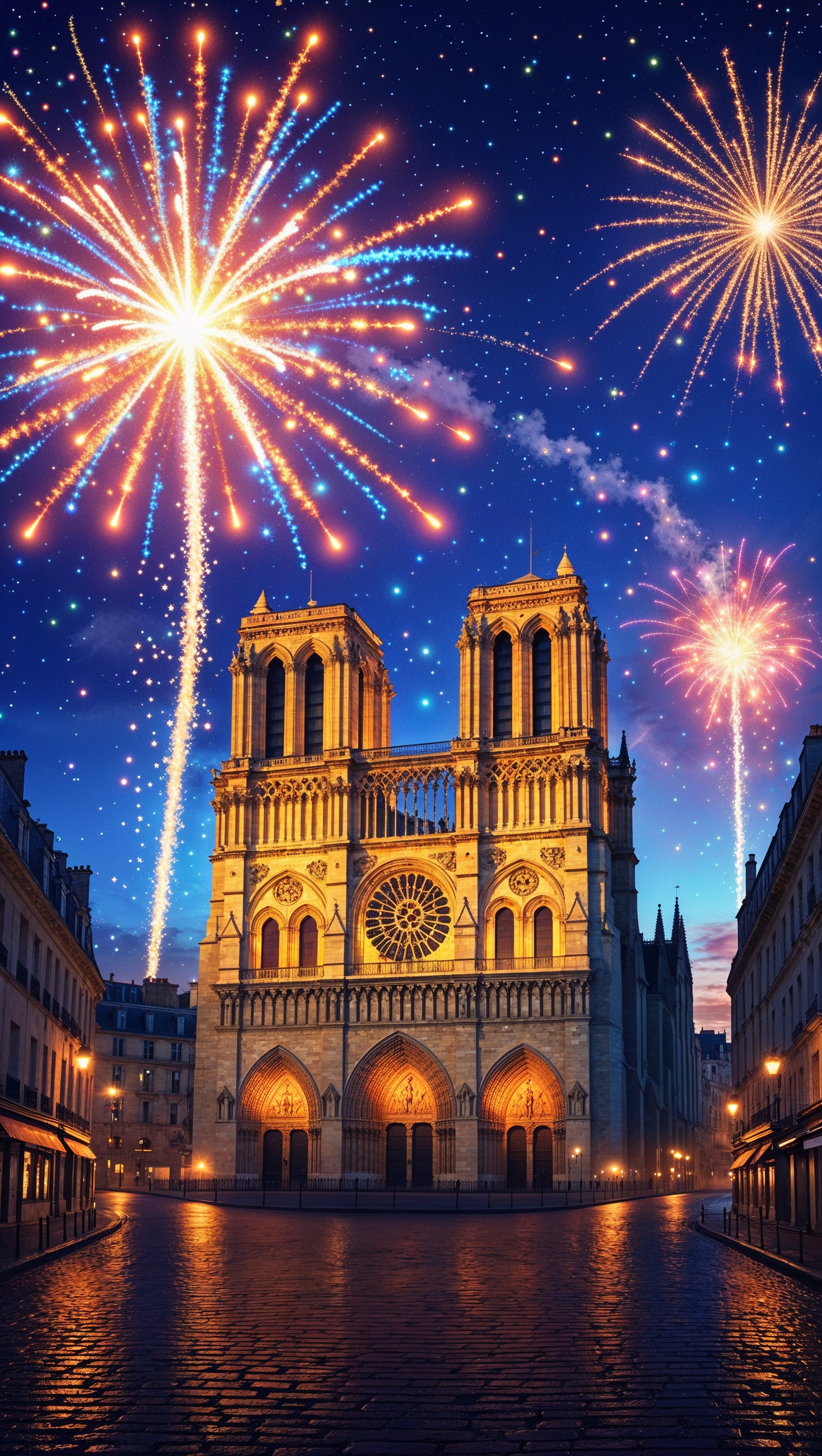 Notre Dame with fireworks in the night sky