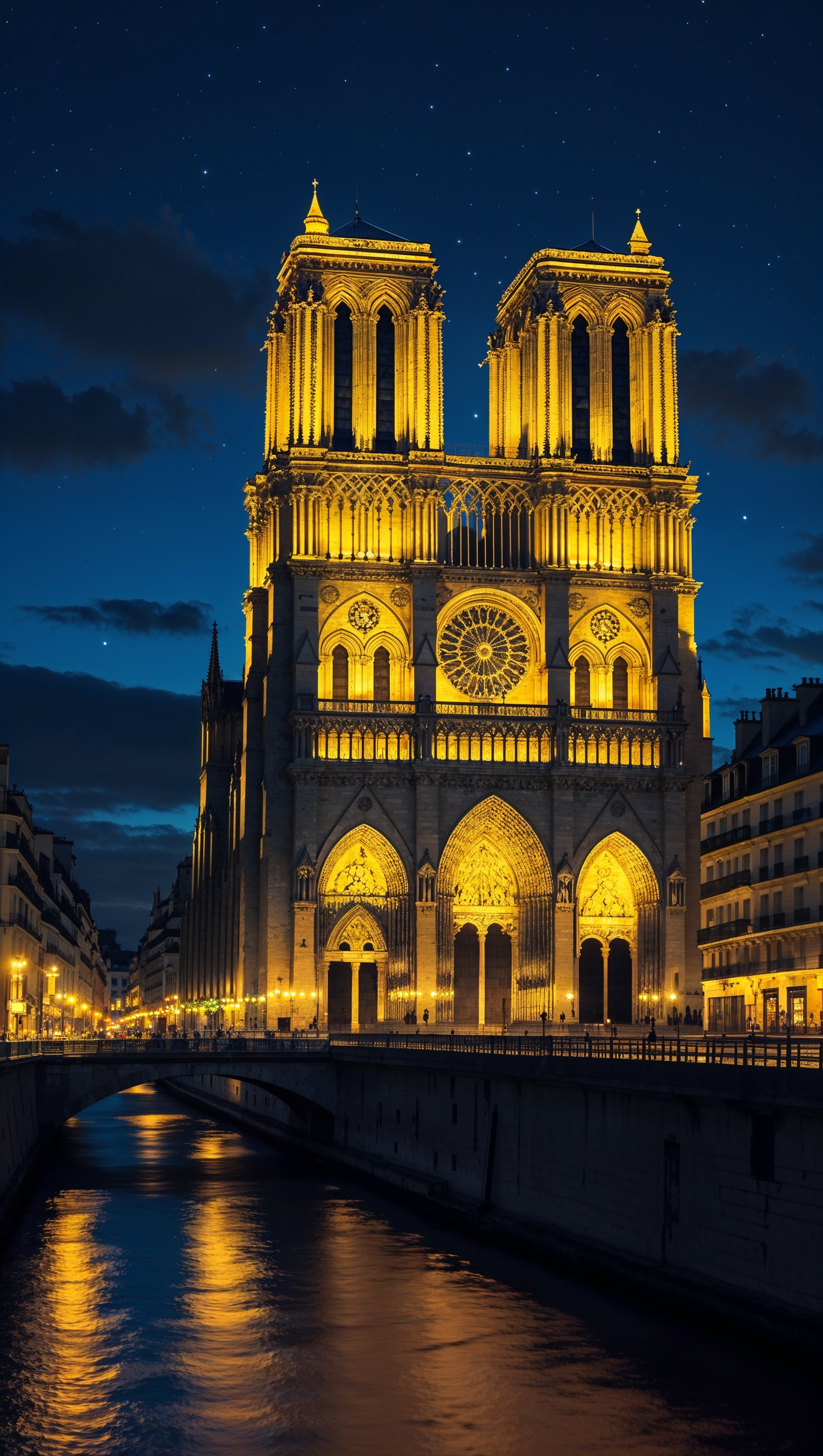 Notre Dame at night with beautiful lights, perfect for iPhone wallpaper