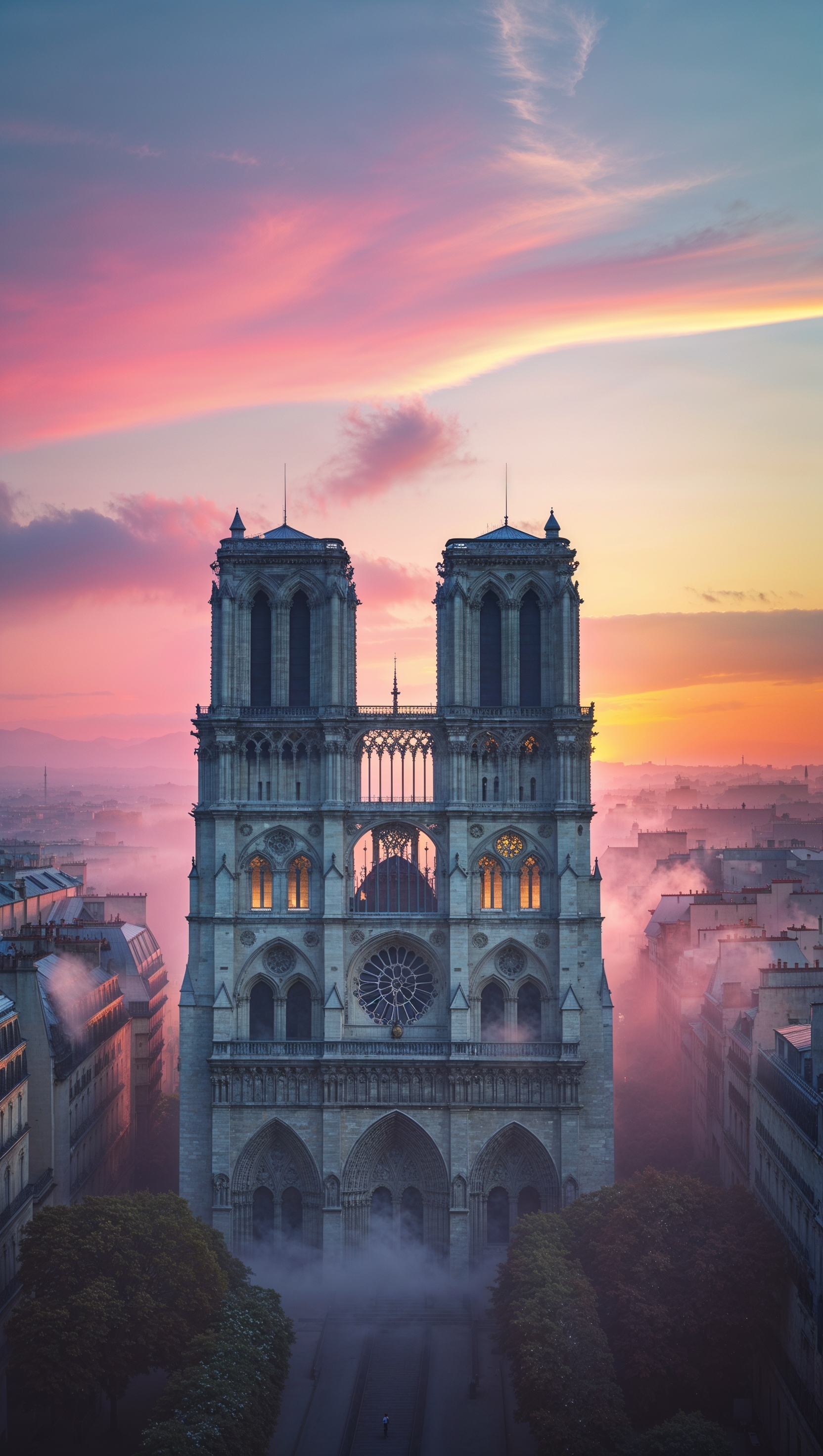 Notre Dame at sunrise with a colorful sky