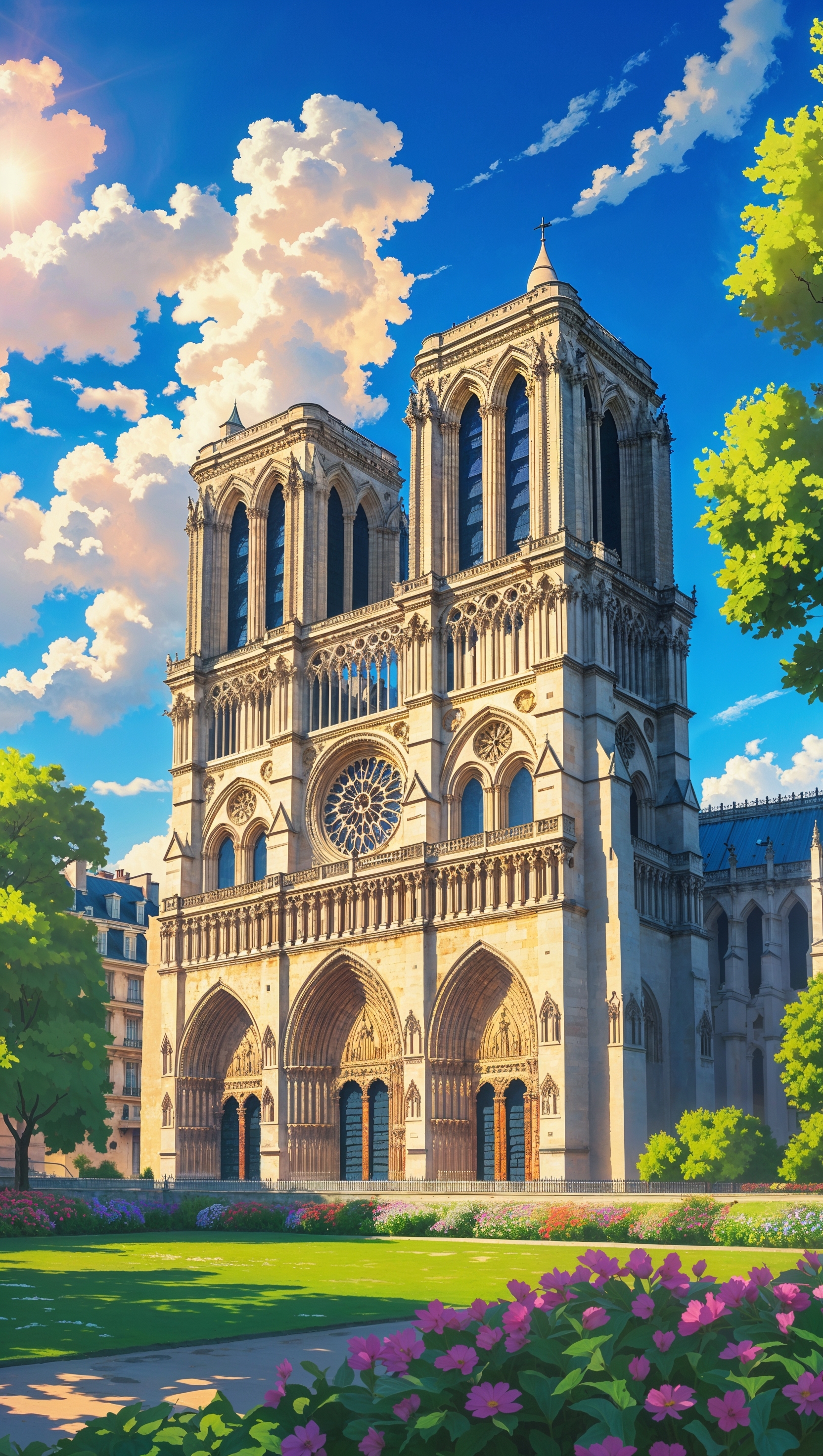 Notre Dame in summer with blue sky and white clouds