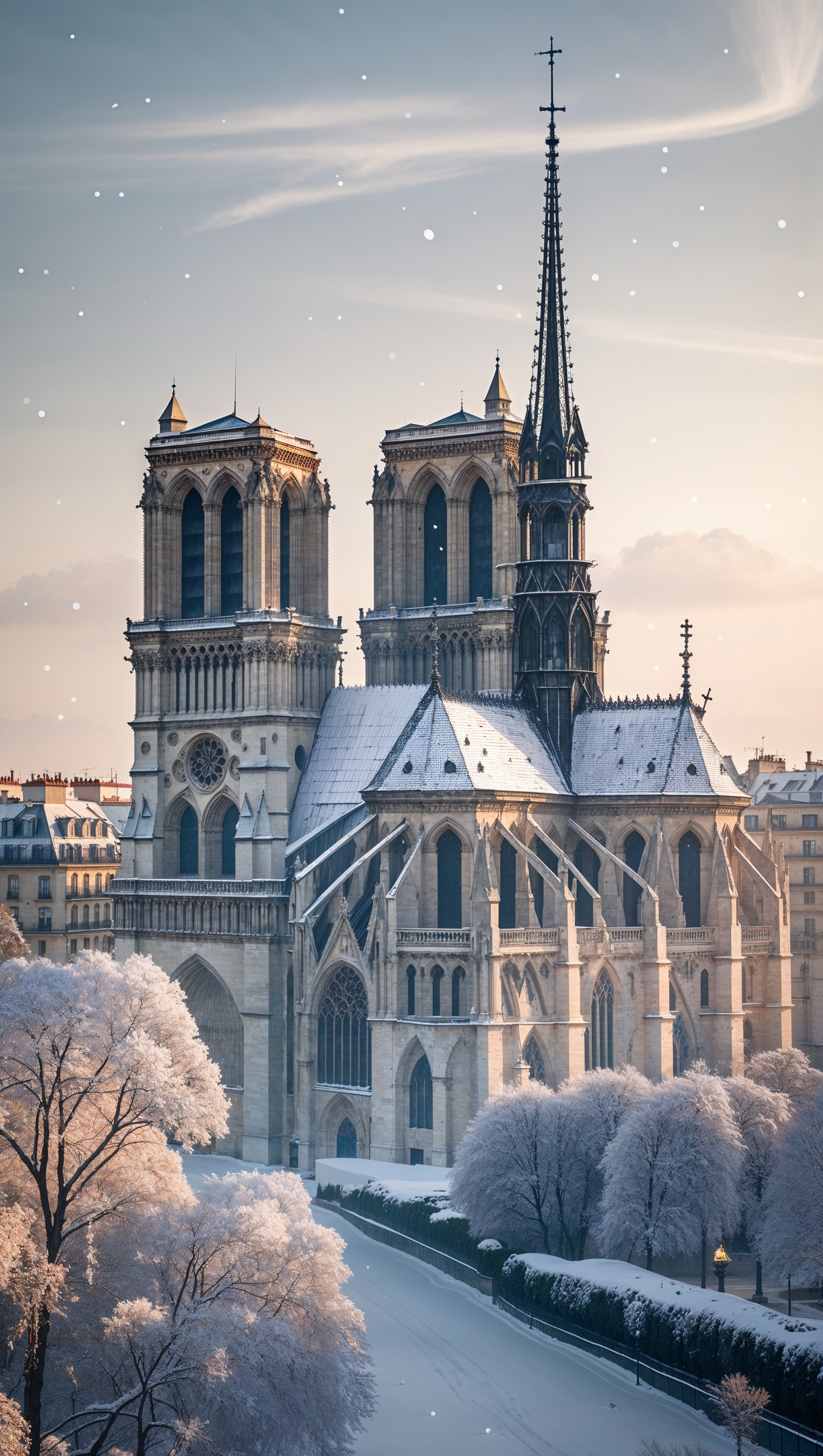 Notre Dame in winter with snow on the roof