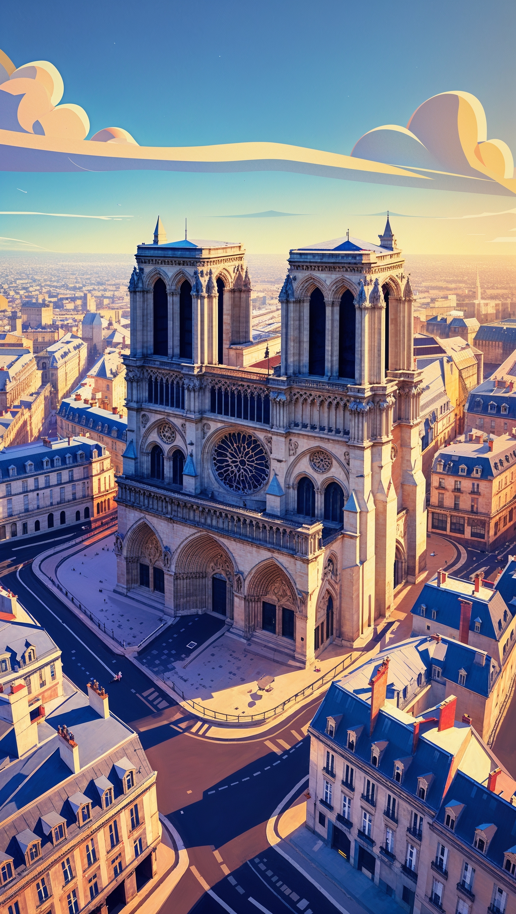 Aerial view of Notre Dame in digital art style