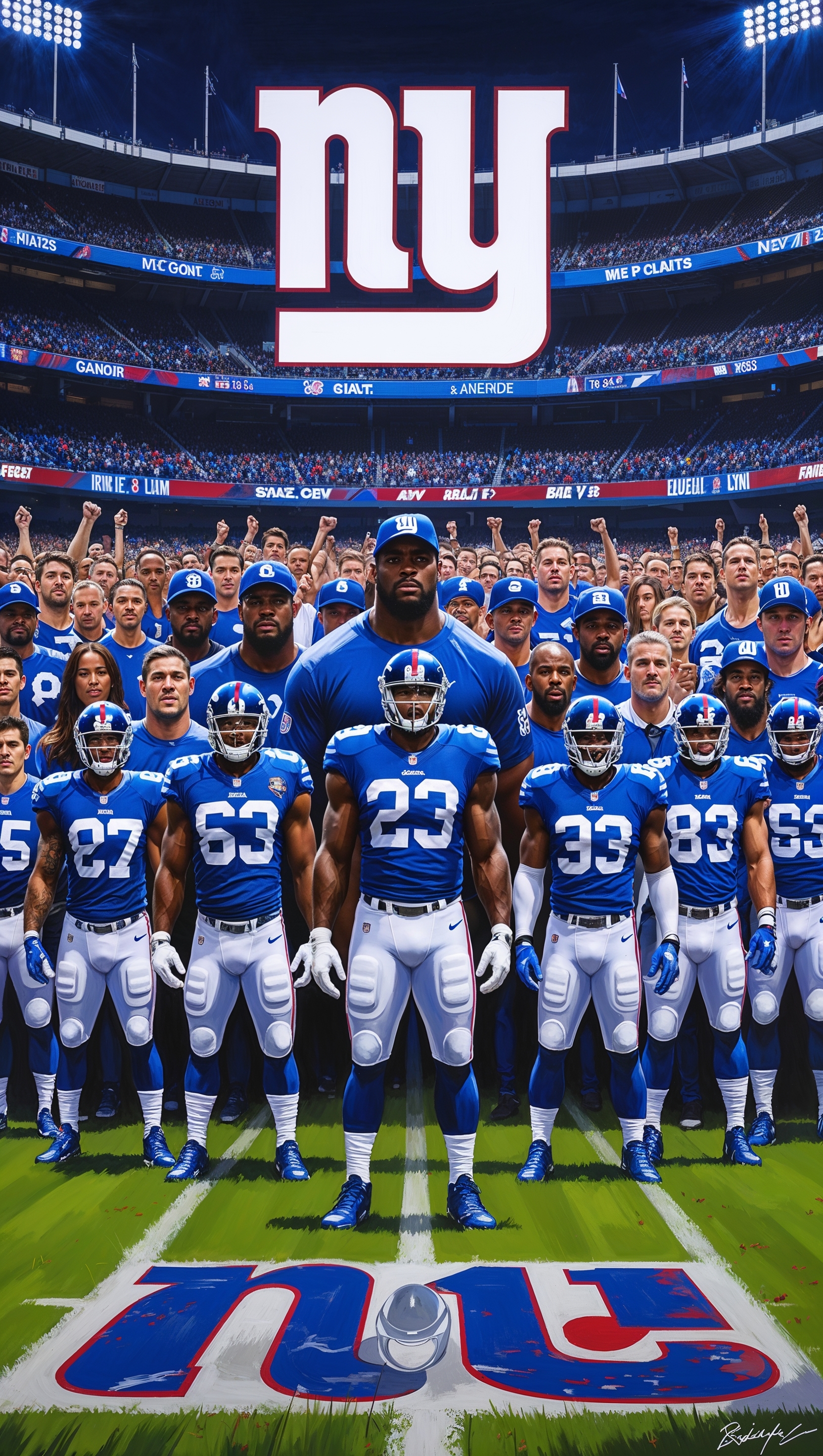 Digital painting of full NY Giants team on the field