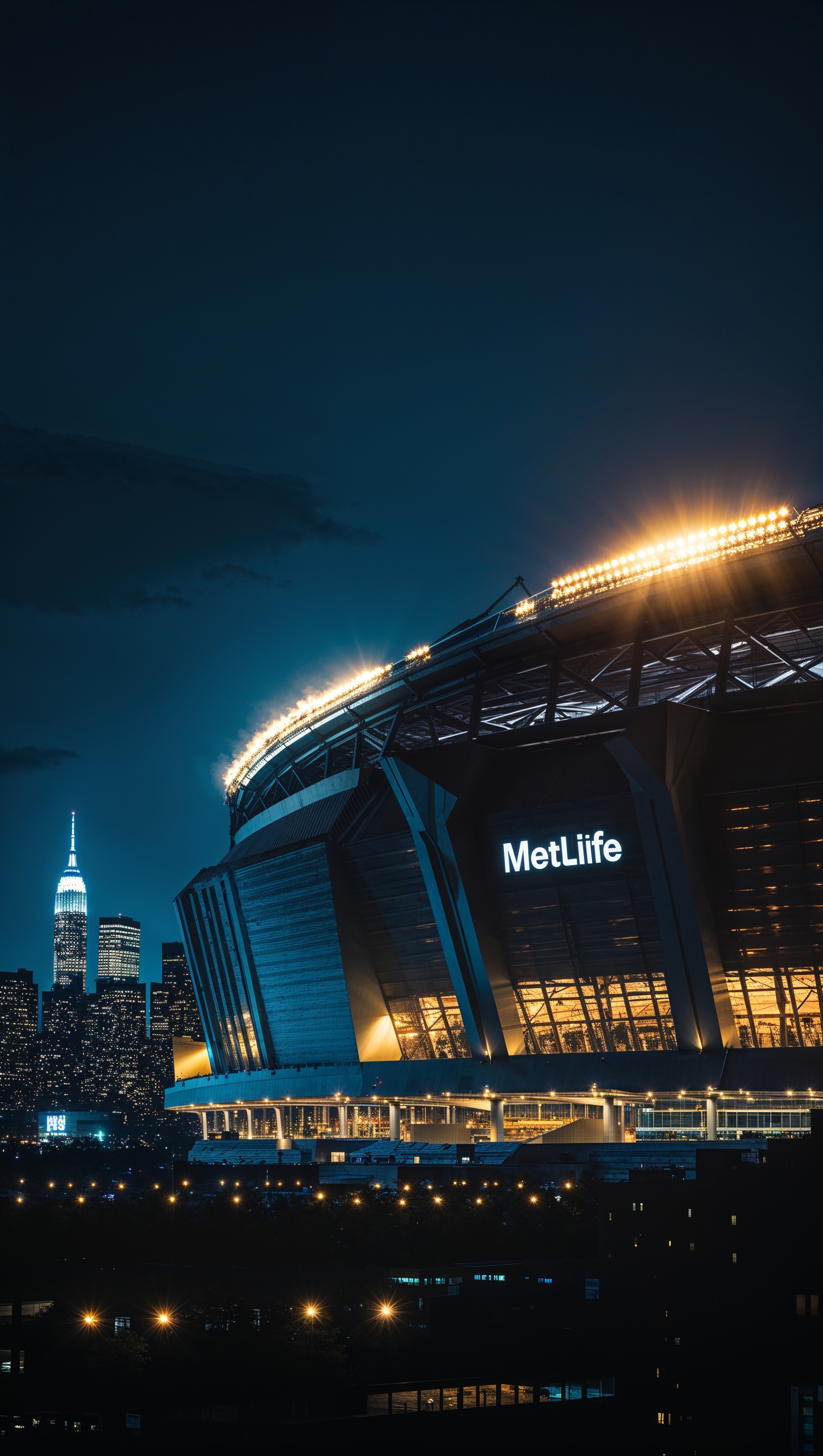 Silhouette of NY Giants stadium at night