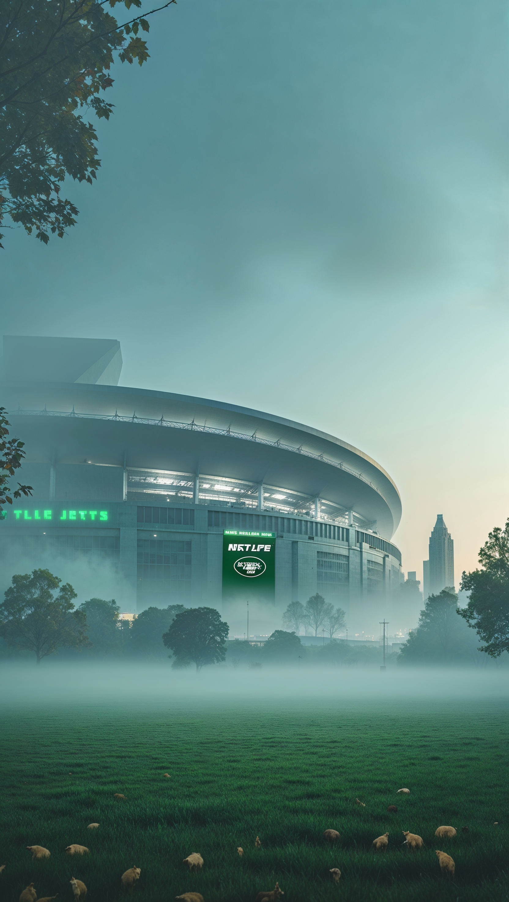 Conceptual image of NY Jets stadium in morning fog for iPhone wallpaper