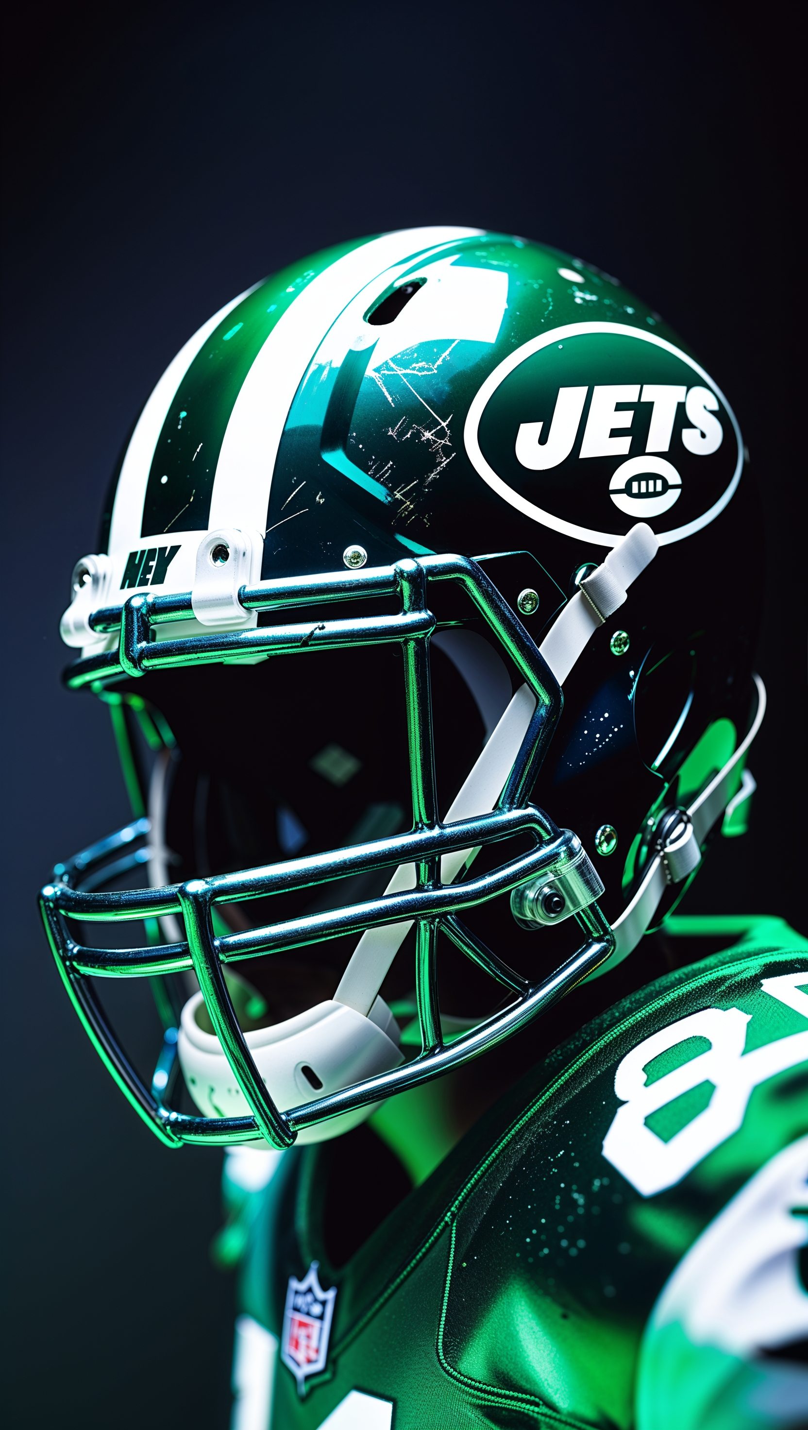 Close-up of NY Jets helmet reflecting stadium lights for iPhone wallpaper