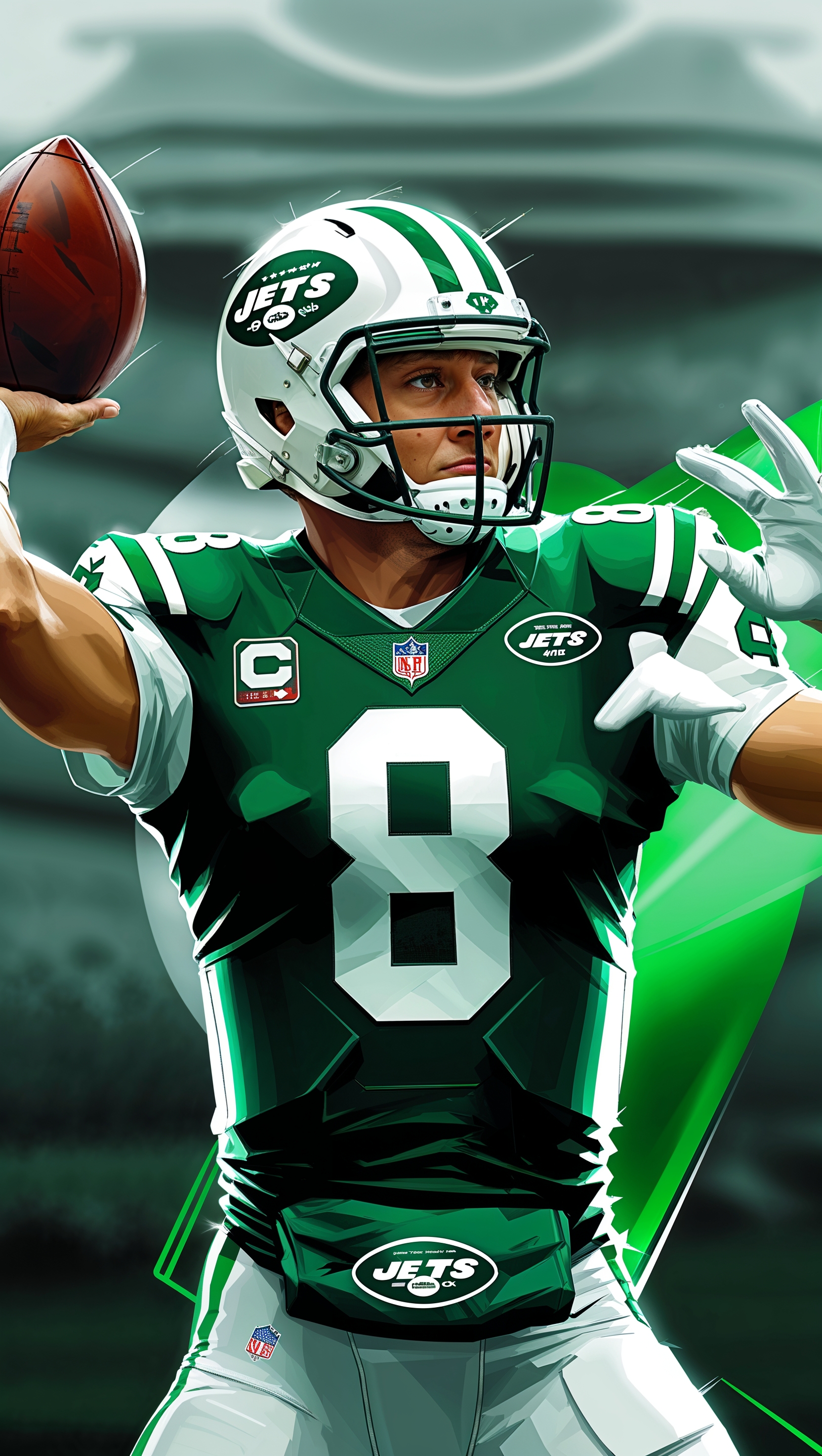 Digital art of NY Jets quarterback number 8 throwing a football for iPhone wallpaper