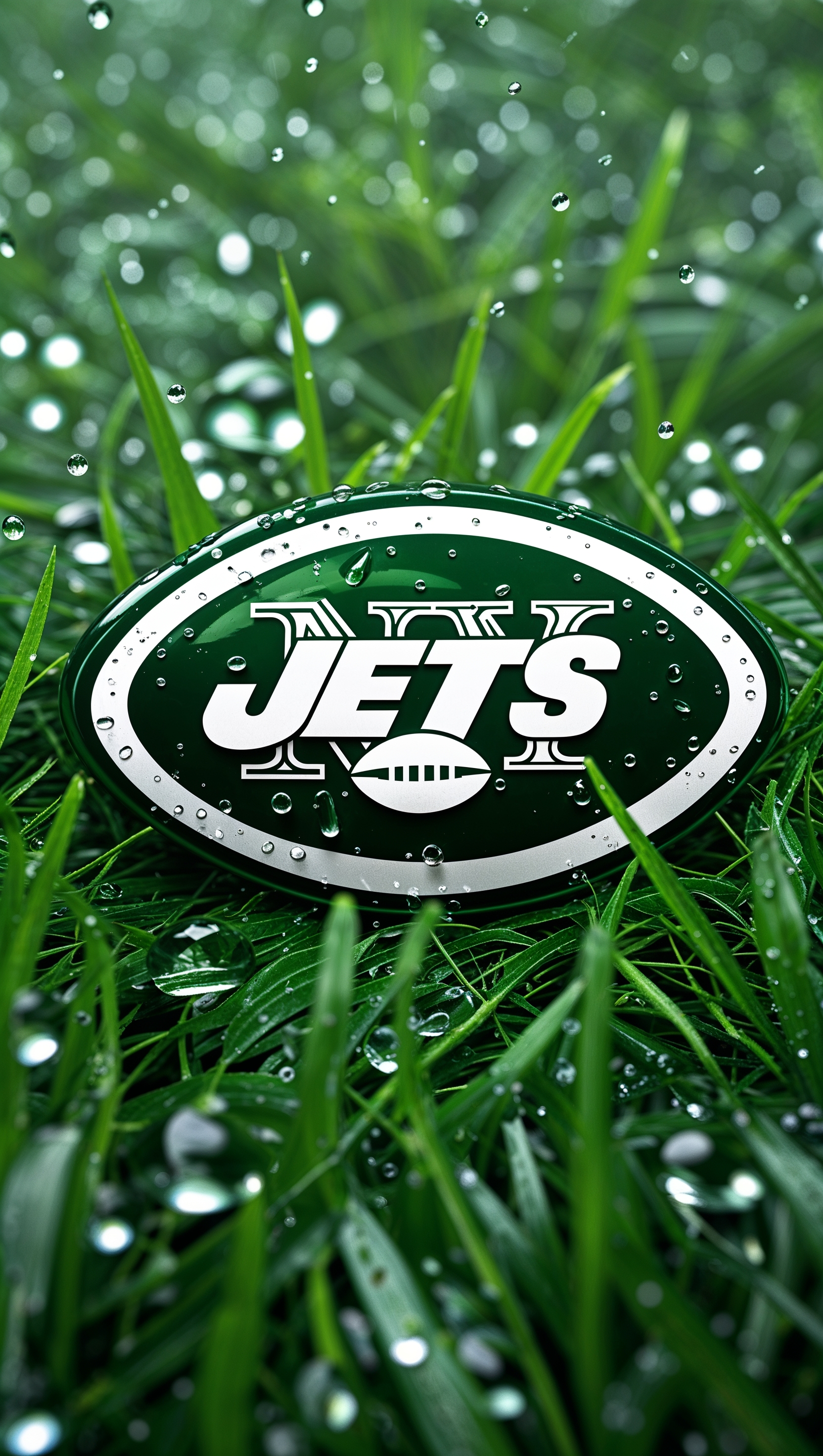 NY Jets logo on wet grass with water droplets for iPhone wallpaper