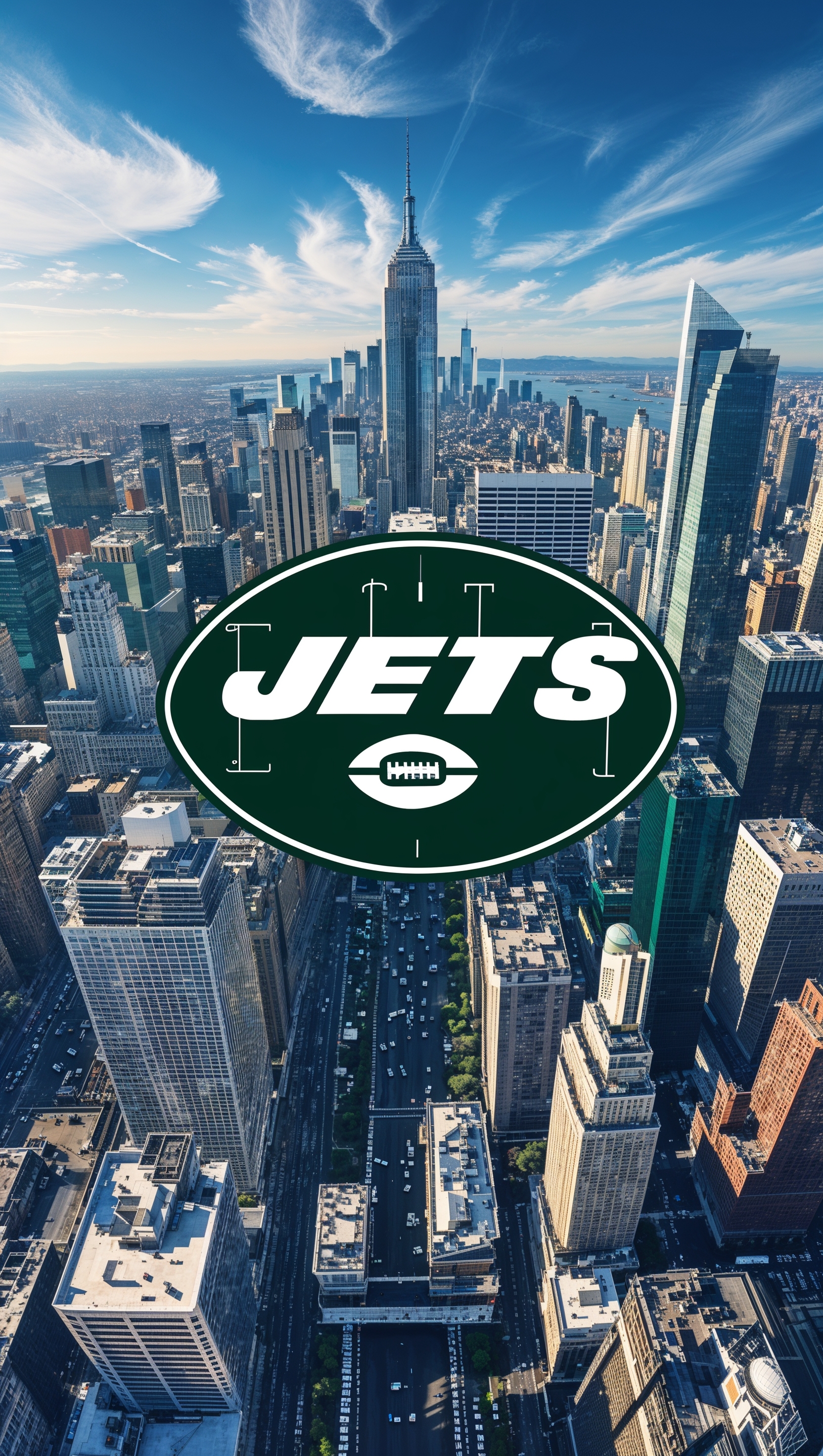Aerial view of New York City blended with NY Jets logo for iPhone wallpaper