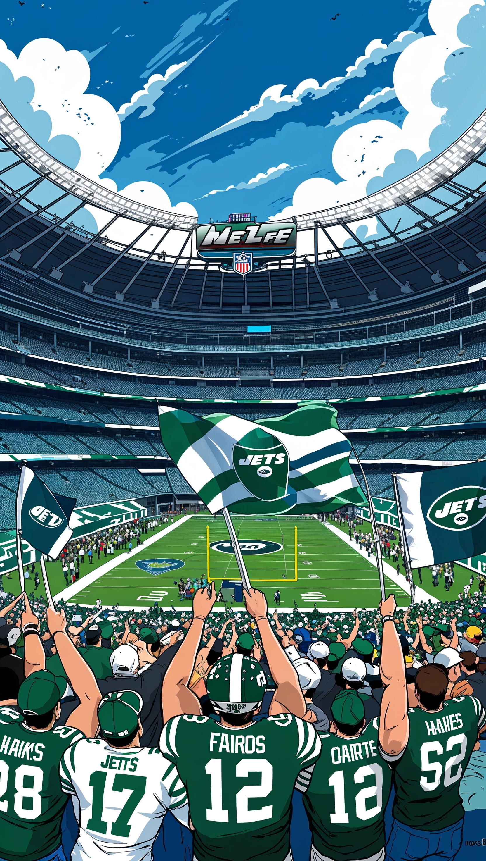 Cartoon-style NY Jets game with excited crowd for iPhone wallpaper