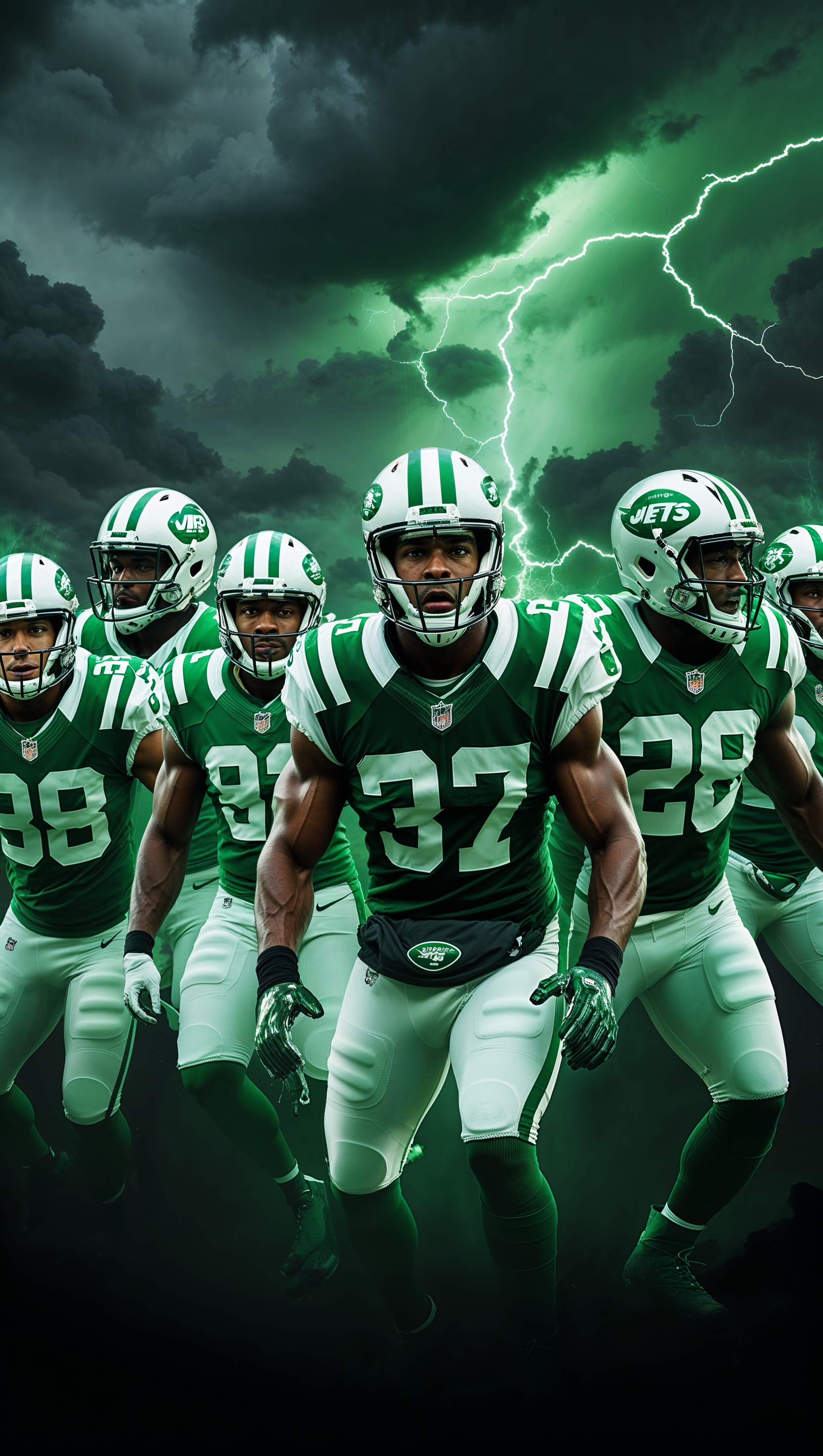 NY Jets players with stormy background and green light effect for iPhone wallpaper