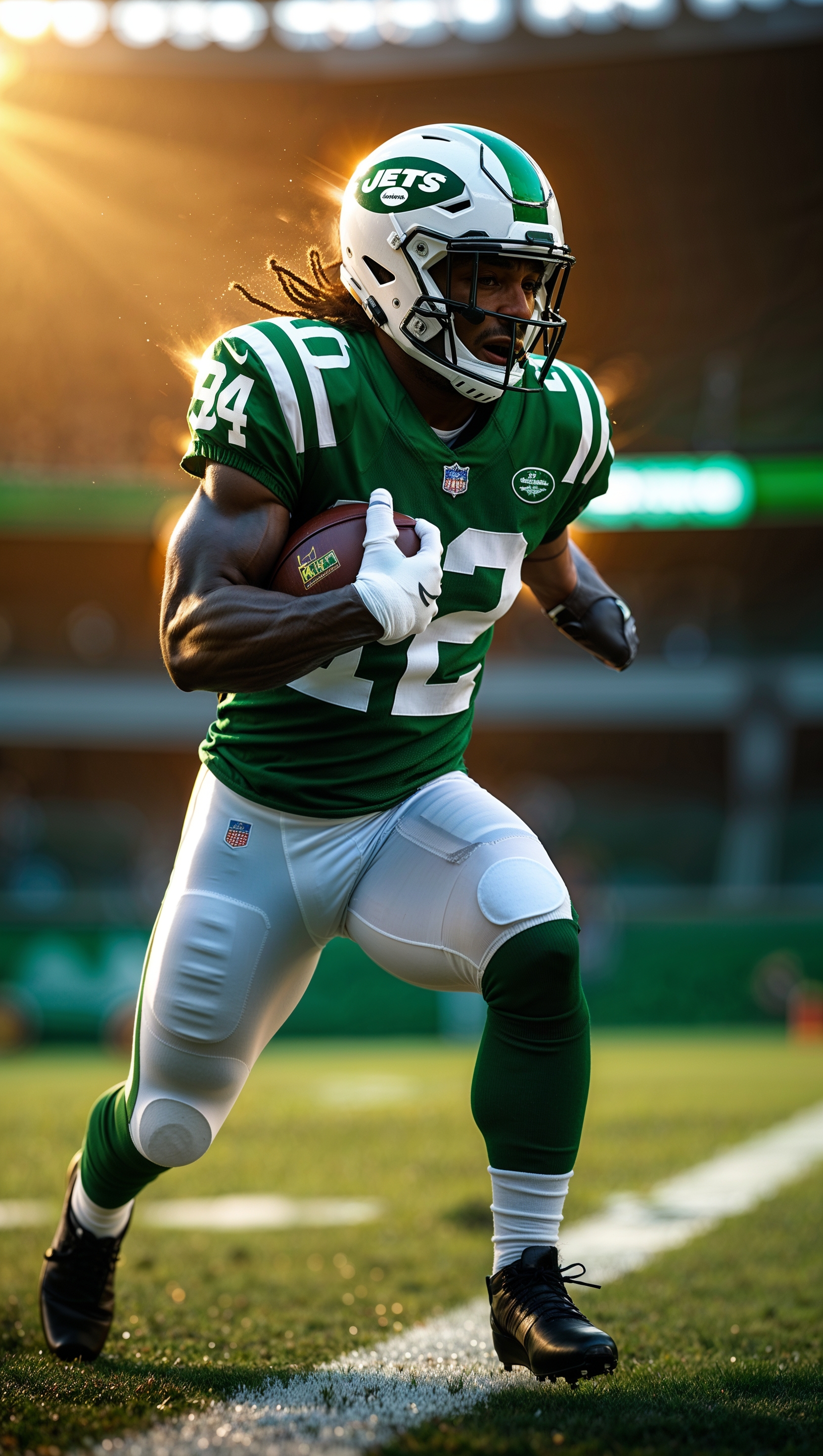 NY Jets player running with cinematic lighting and dramatic effect for iPhone wallpaper