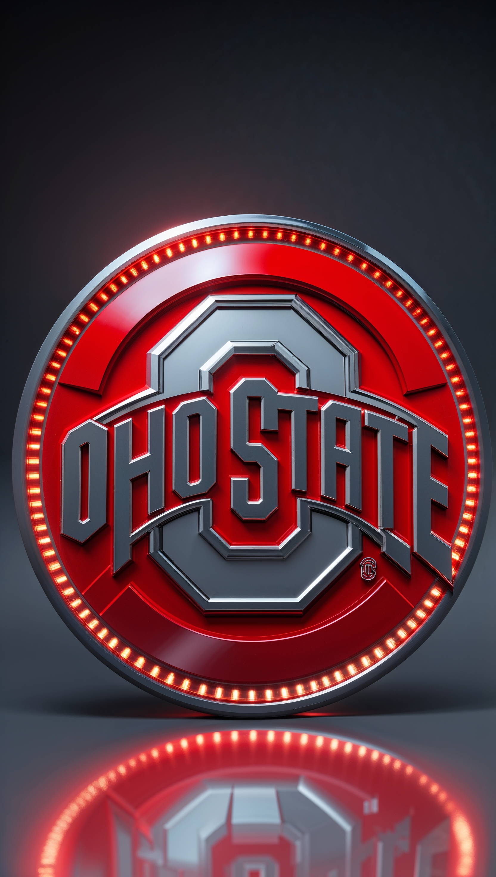 Red and gray Ohio State emblem in 3D style, glowing effect, iPhone wallpaper