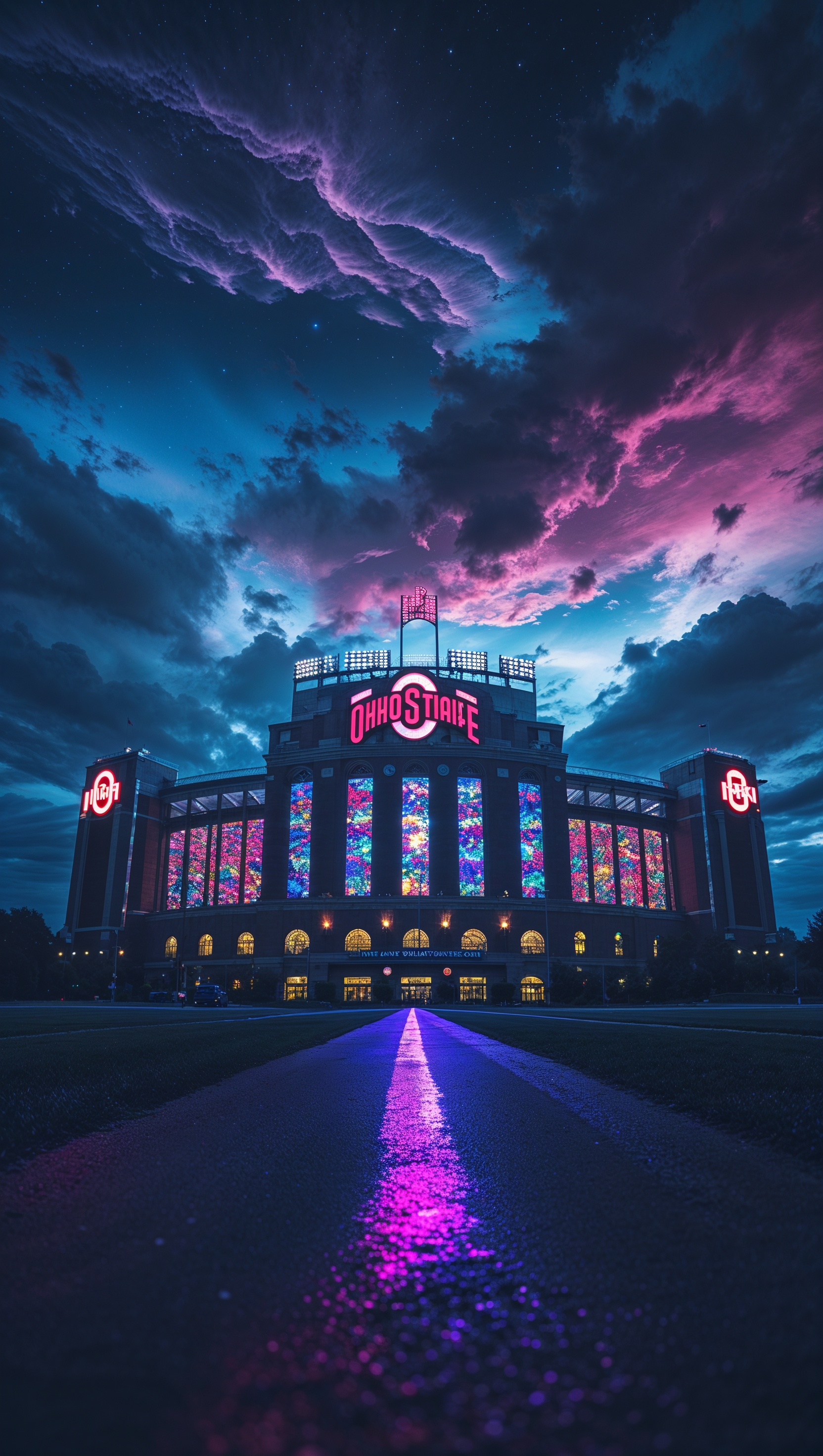Ohio Stadium lit up at night, dramatic sky, iPhone wallpaper