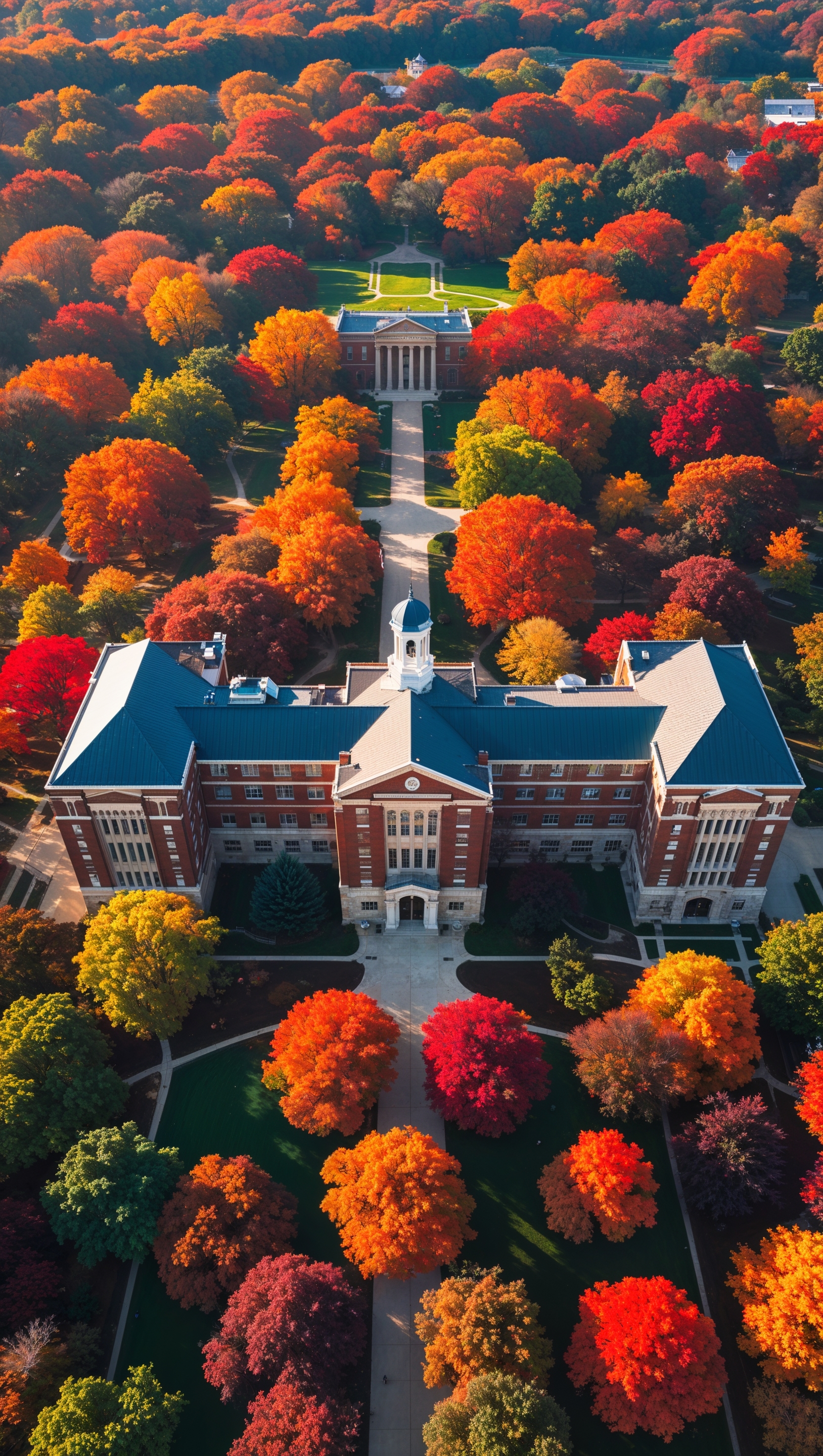 Aerial view of Ohio State University campus during autumn, colorful leaves, iPhone wallpaper