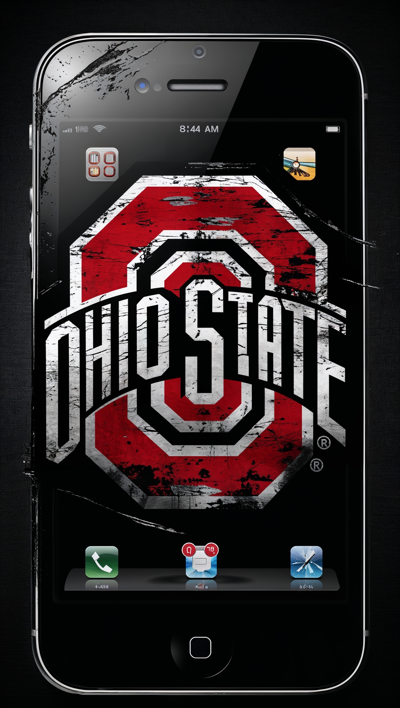 Ohio State Buckeyes logo with a grunge effect, centered on a black iPhone wallpaper