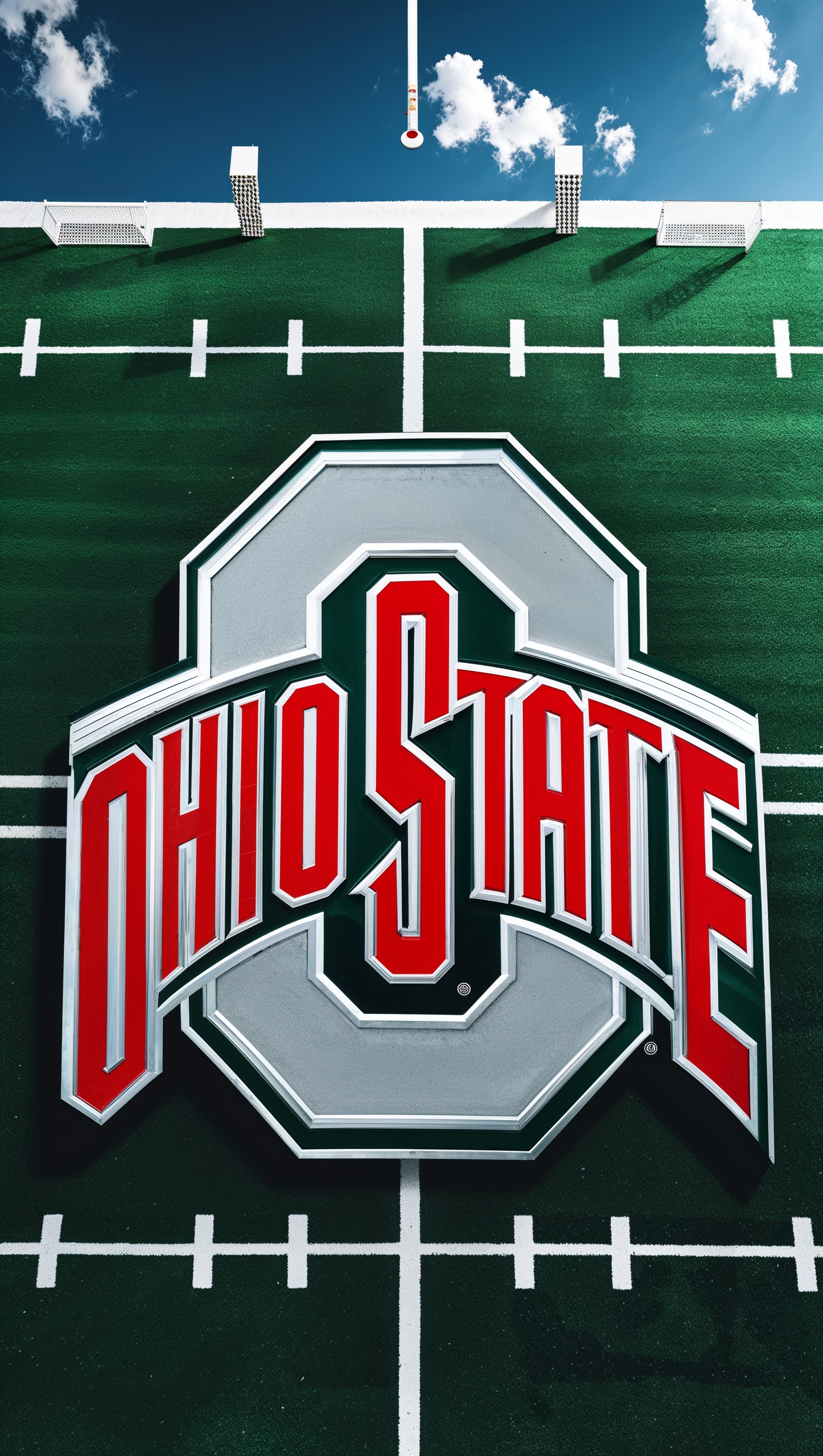Ohio State University logo over a football field background, aerial view, iPhone wallpaper