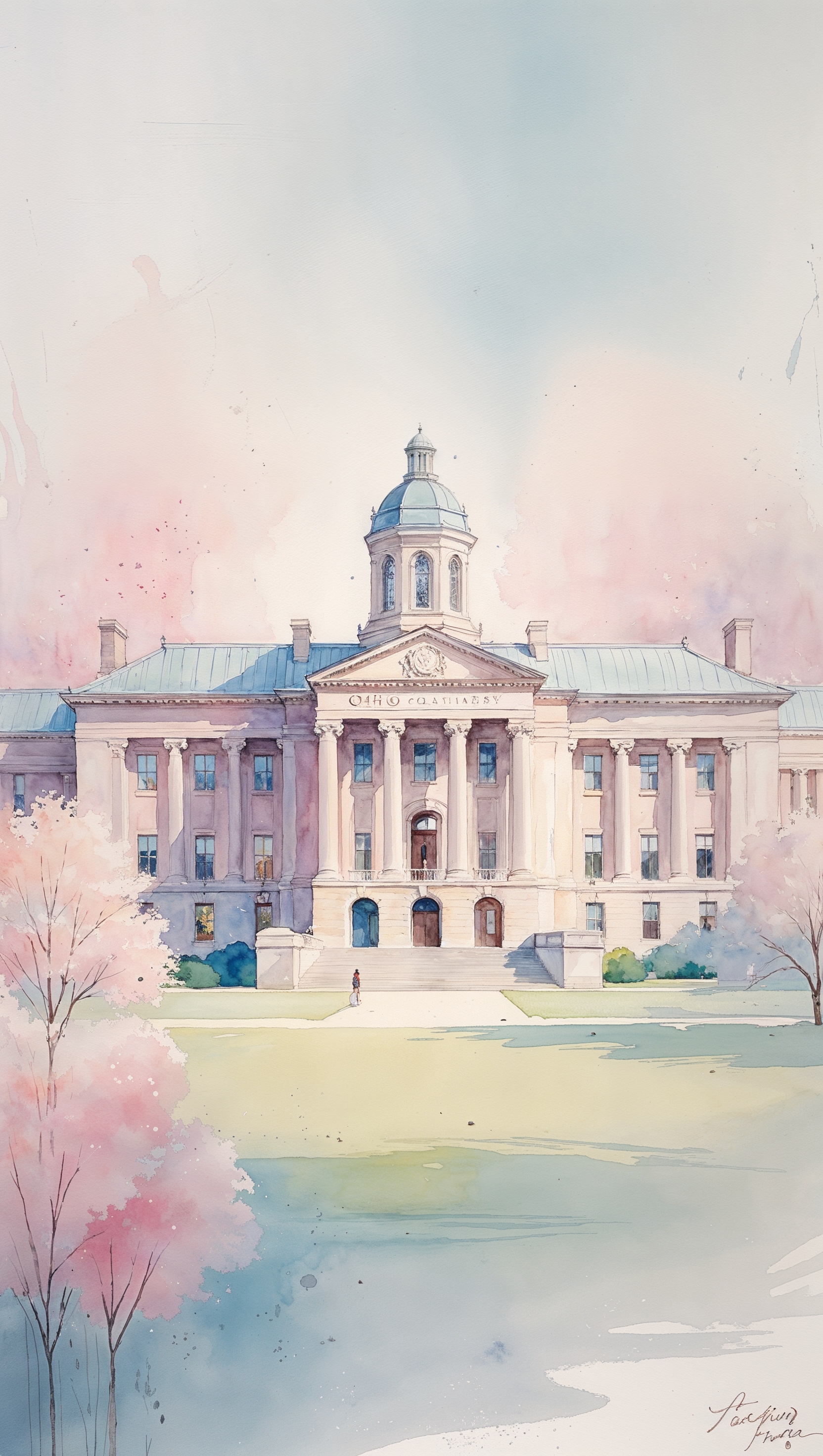 Ohio State University drawn in watercolor painting style, soft pastel colors, iPhone wallpaper