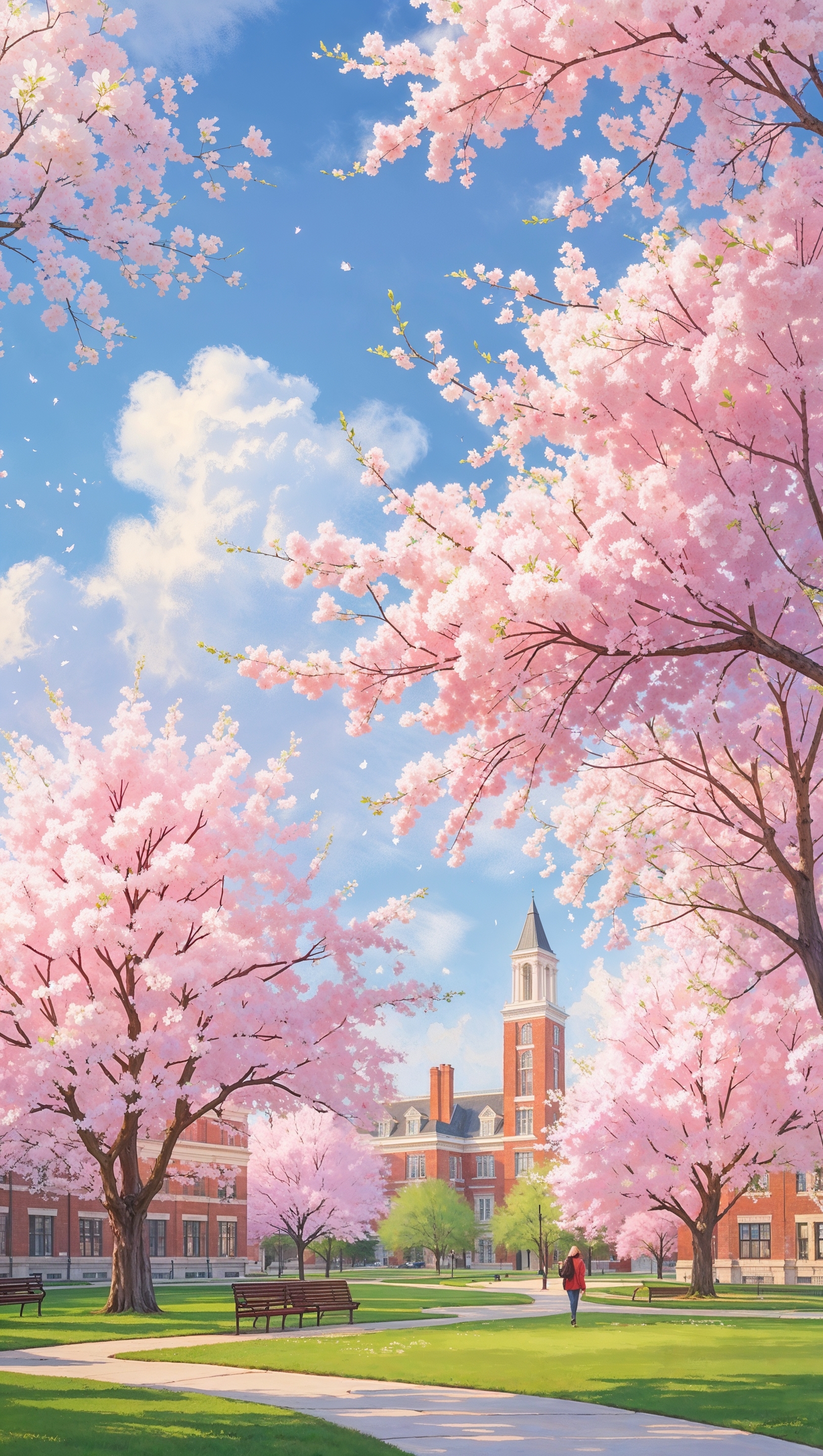 Ohio State University campus in spring with cherry blossoms, pastel tones, iPhone wallpaper