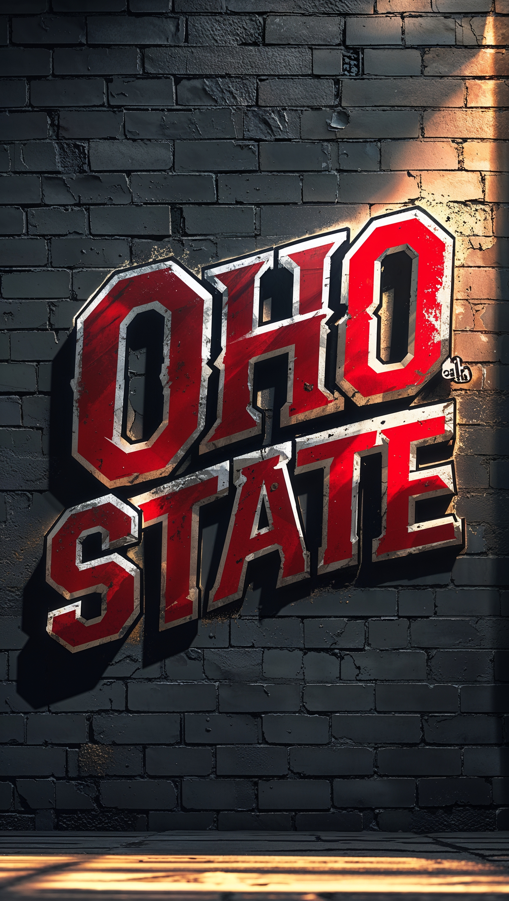 Ohio State text in graffiti style over brick wall background, urban iPhone wallpaper