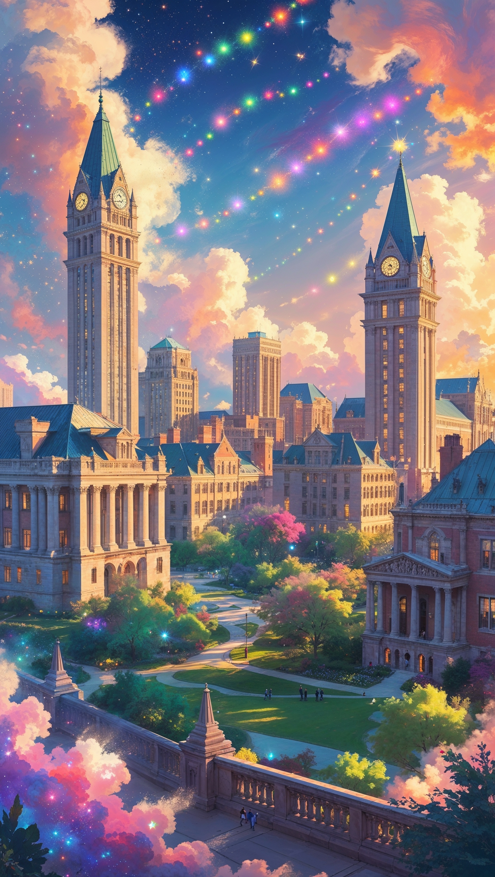 Fantasy version of Ohio State campus with floating buildings and magical sky, iPhone wallpaper