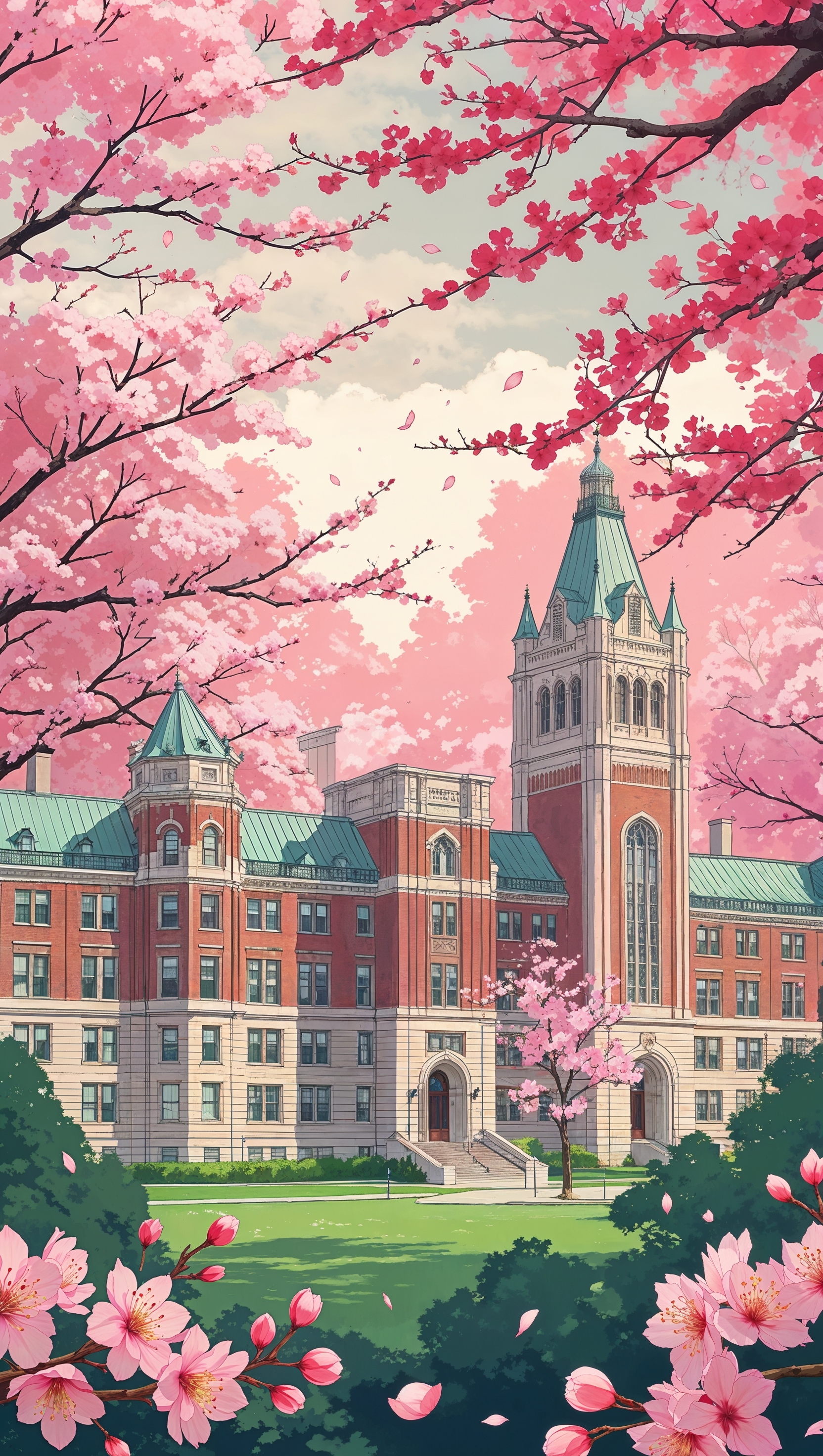Anime-style Ohio State University with cherry blossoms, iPhone wallpaper