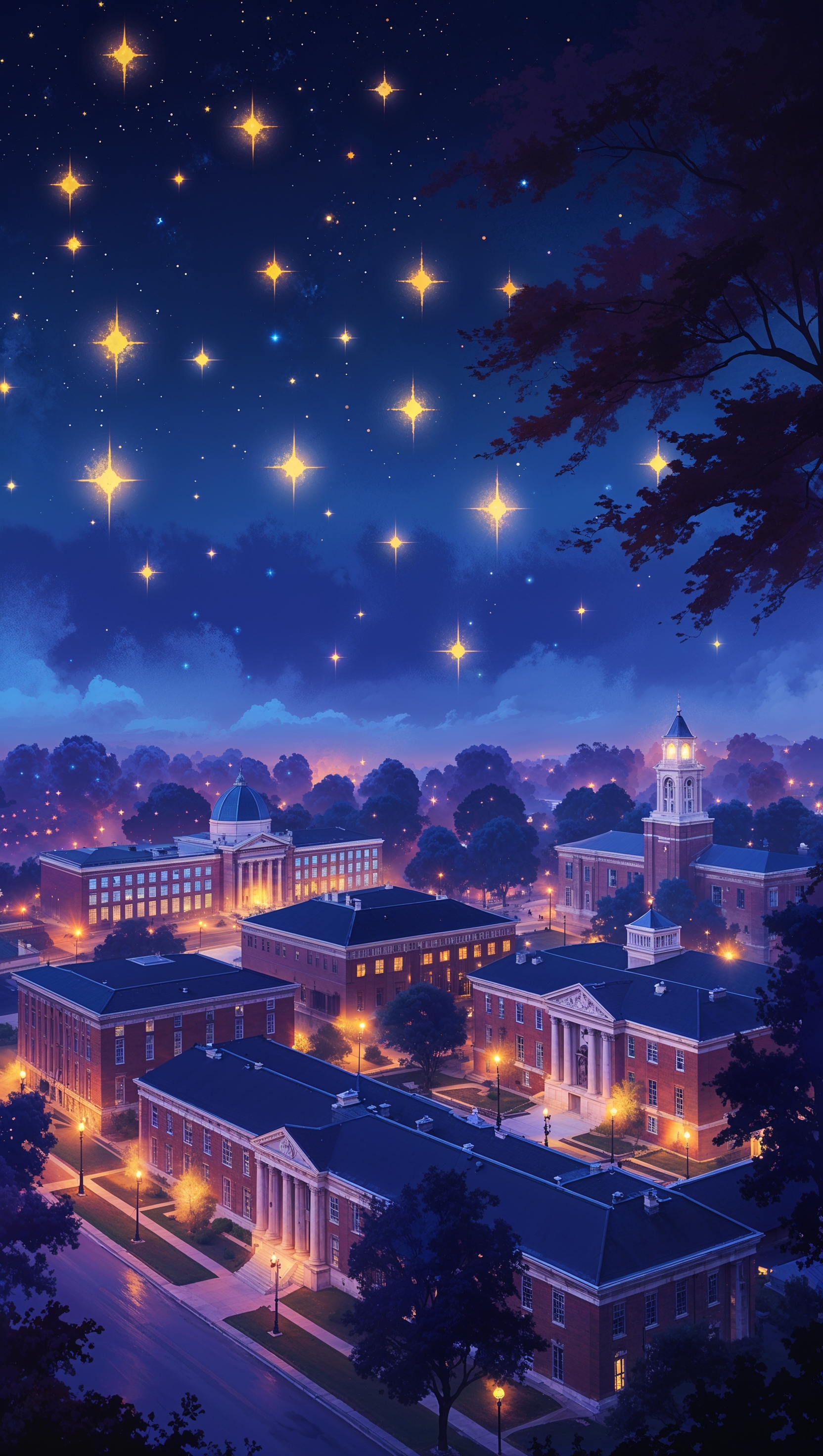Digital painting of Ohio State campus at night with glowing stars, dreamy iPhone wallpaper