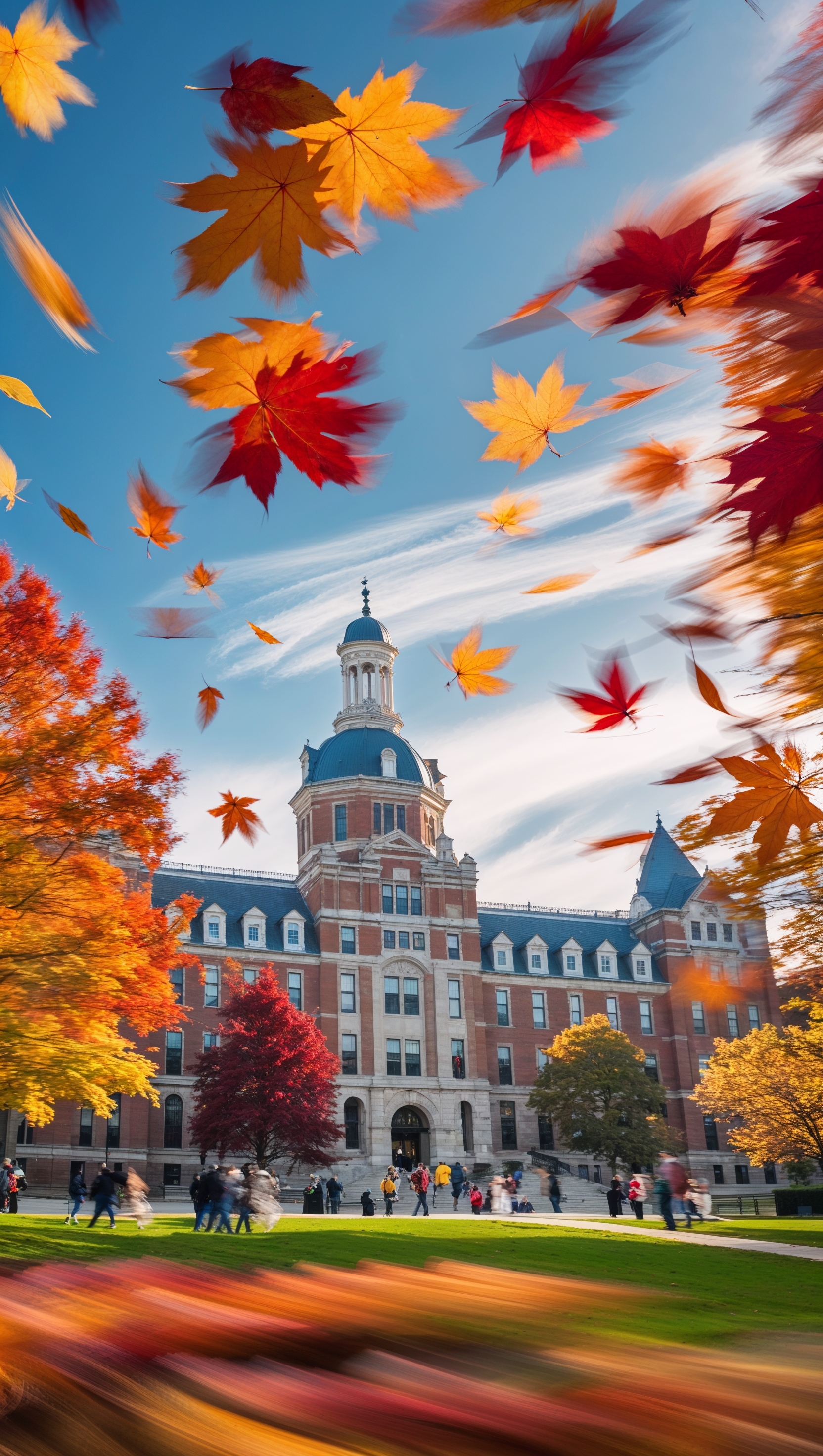 Ohio State campus with falling autumn leaves in motion blur, iPhone wallpaper
