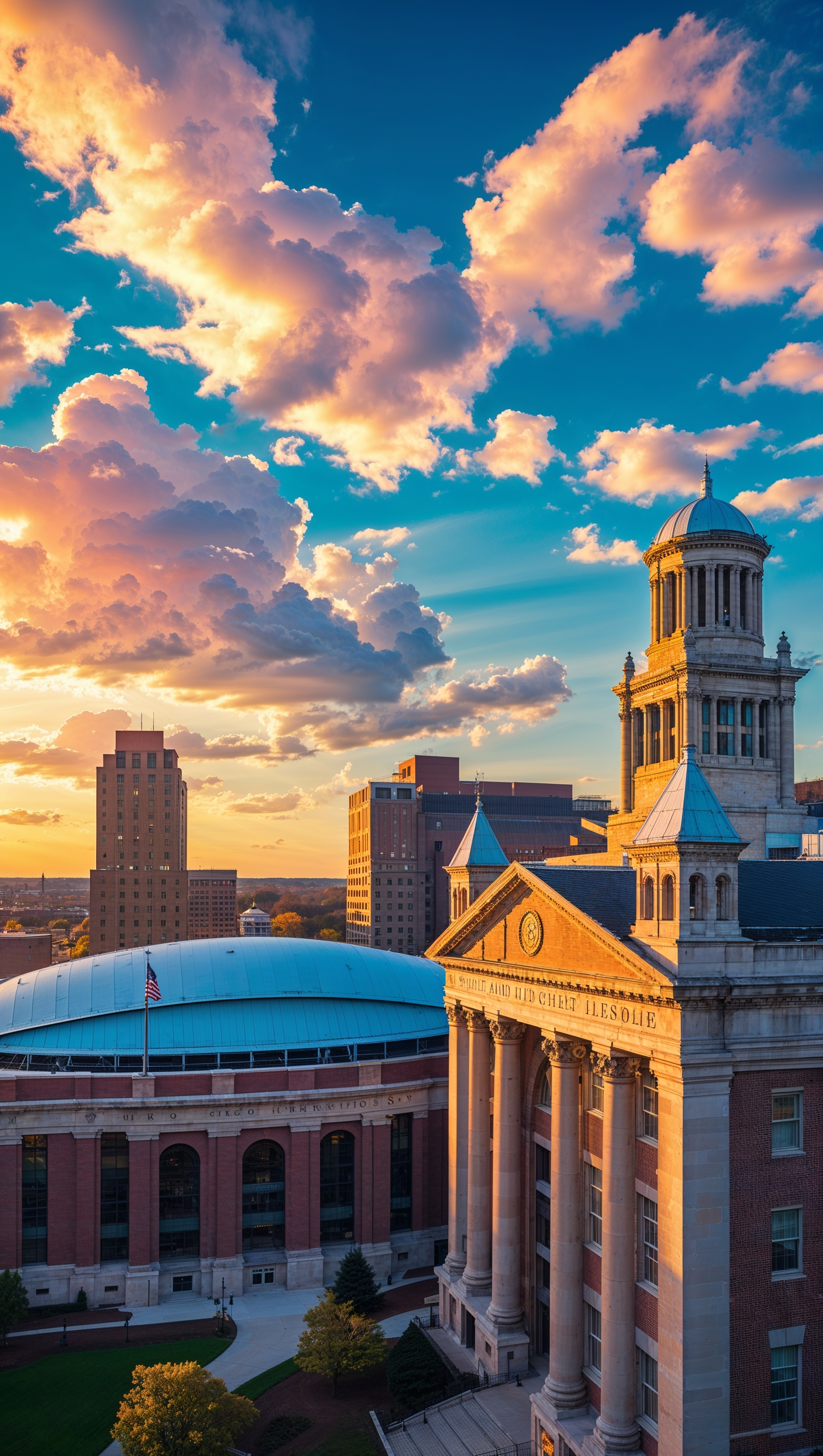 Wide-angle shot of Ohio State buildings with dramatic sky, iPhone wallpaper