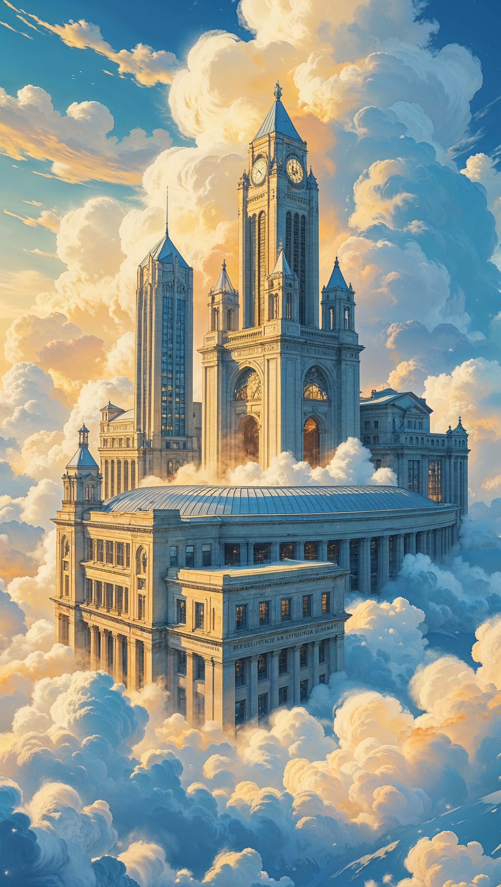 Surreal version of Ohio State University rising through the clouds, fantasy style, iPhone wallpaper
