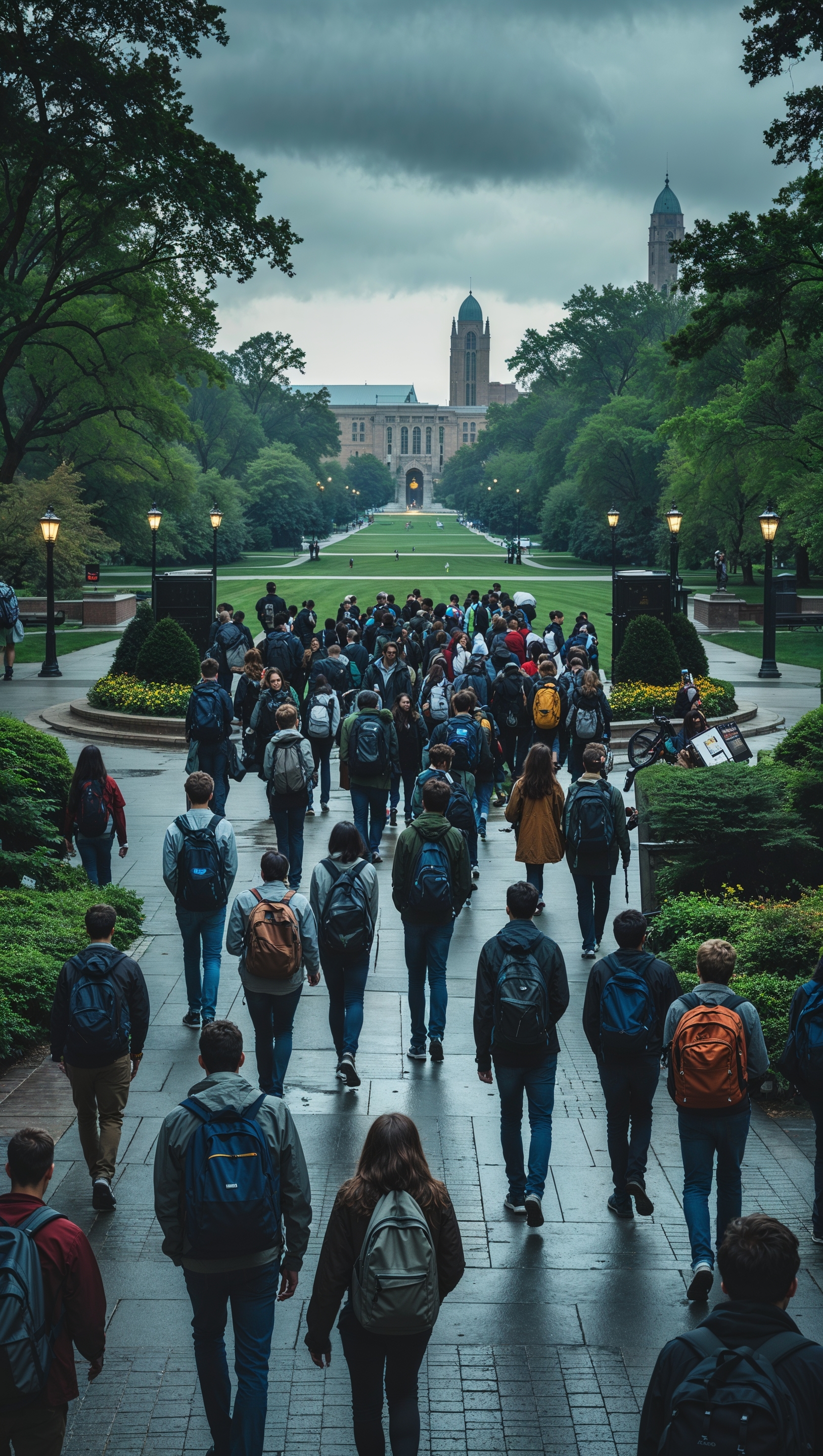 Cinematic view of students walking on the Oval at Ohio State, overcast weather, iPhone wallpaper