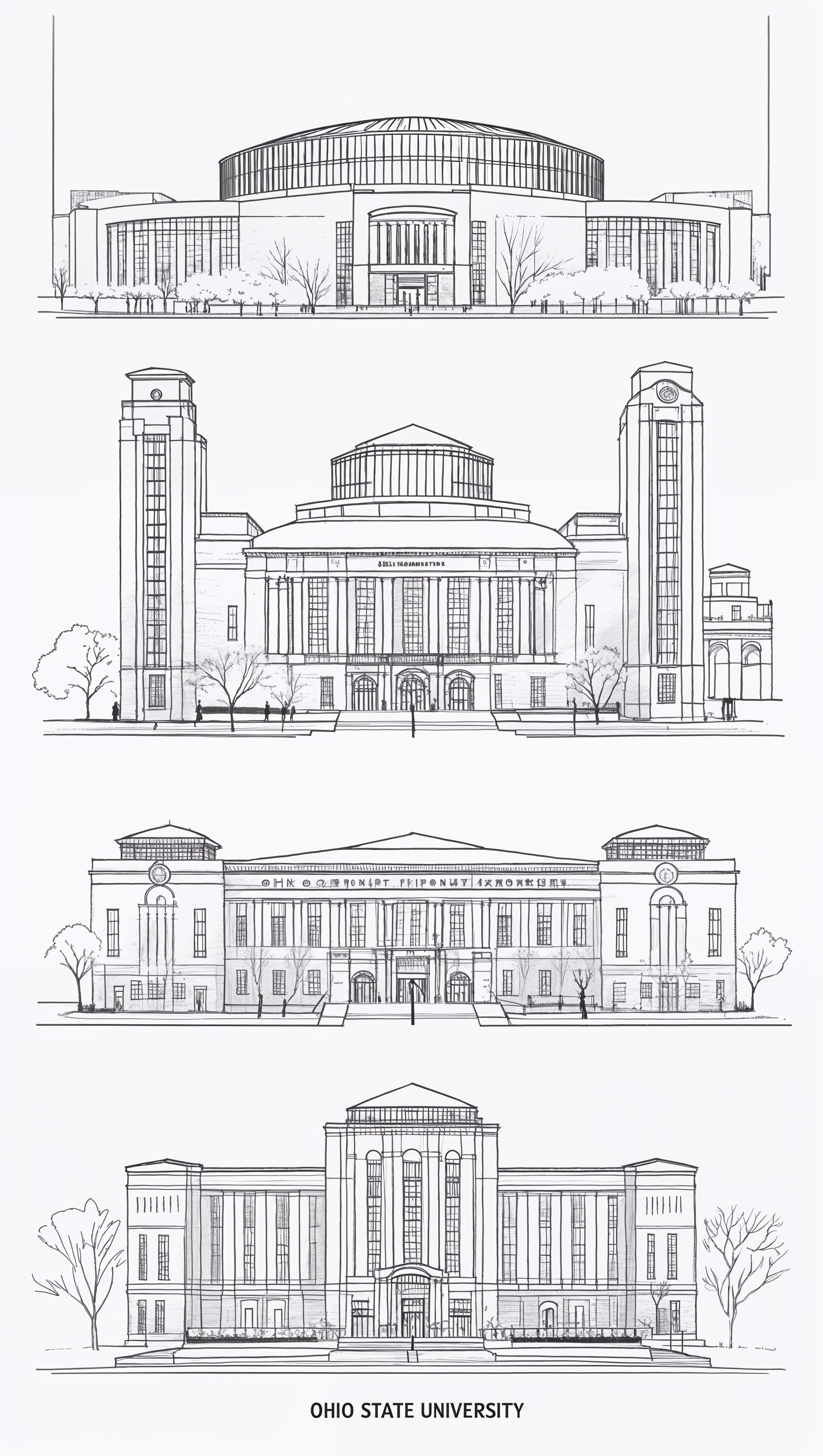 Line art of Ohio State campus buildings, black and white sketch, minimalist iPhone wallpaper