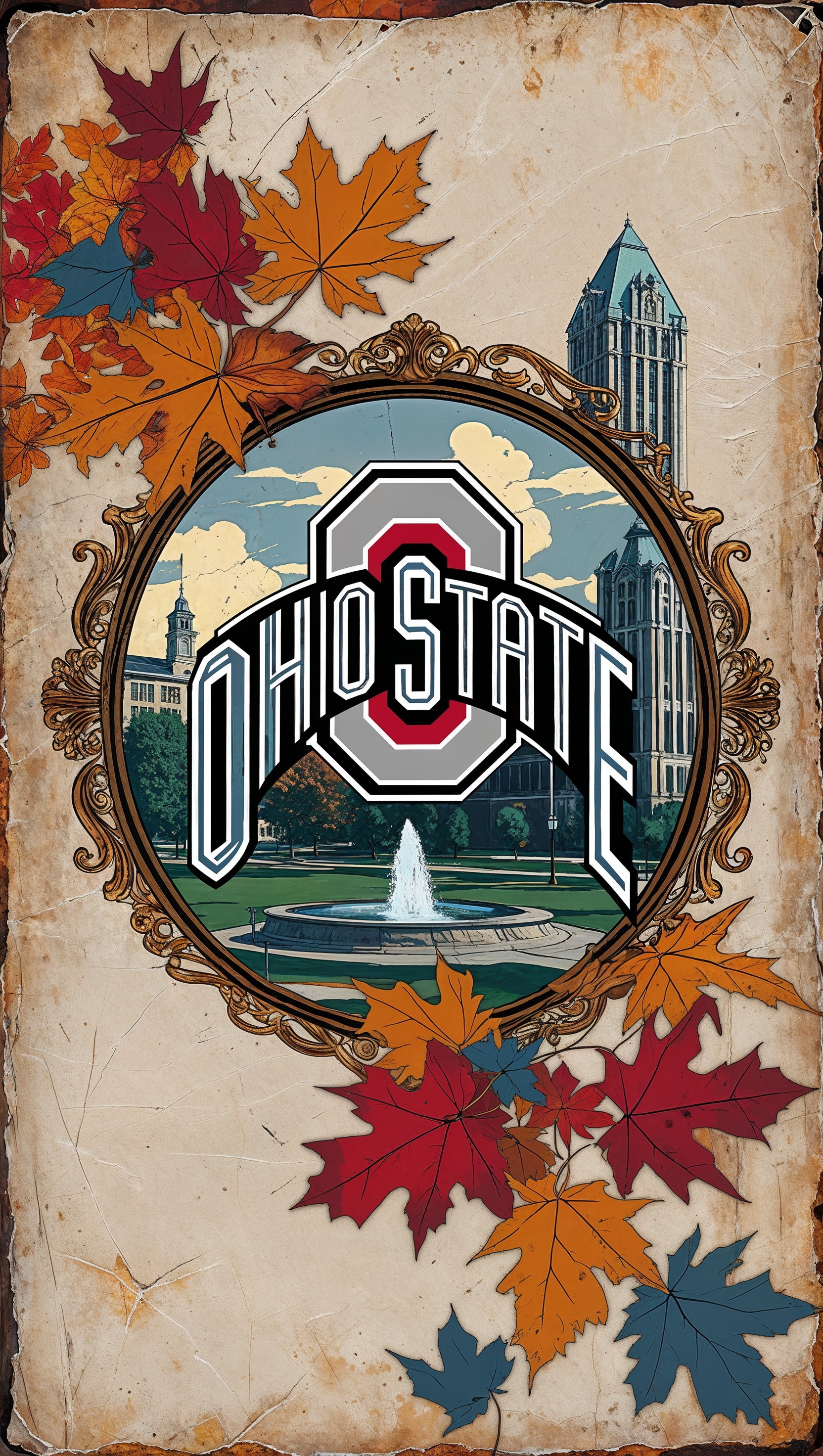 Vintage postcard-style illustration of Ohio State, textured background, iPhone wallpaper