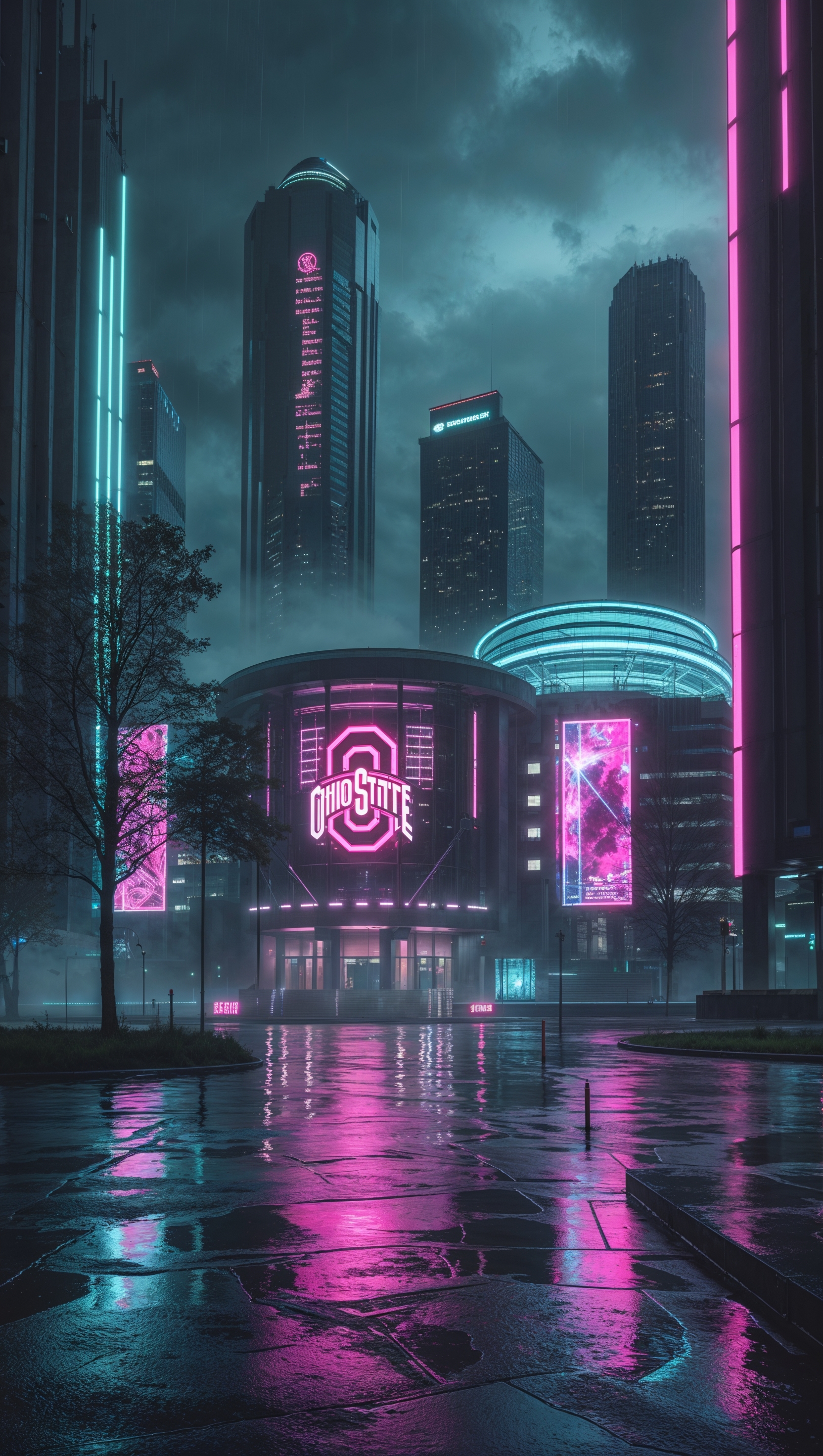 Ohio State University in cyberpunk style, neon lights and dark tones, iPhone wallpaper