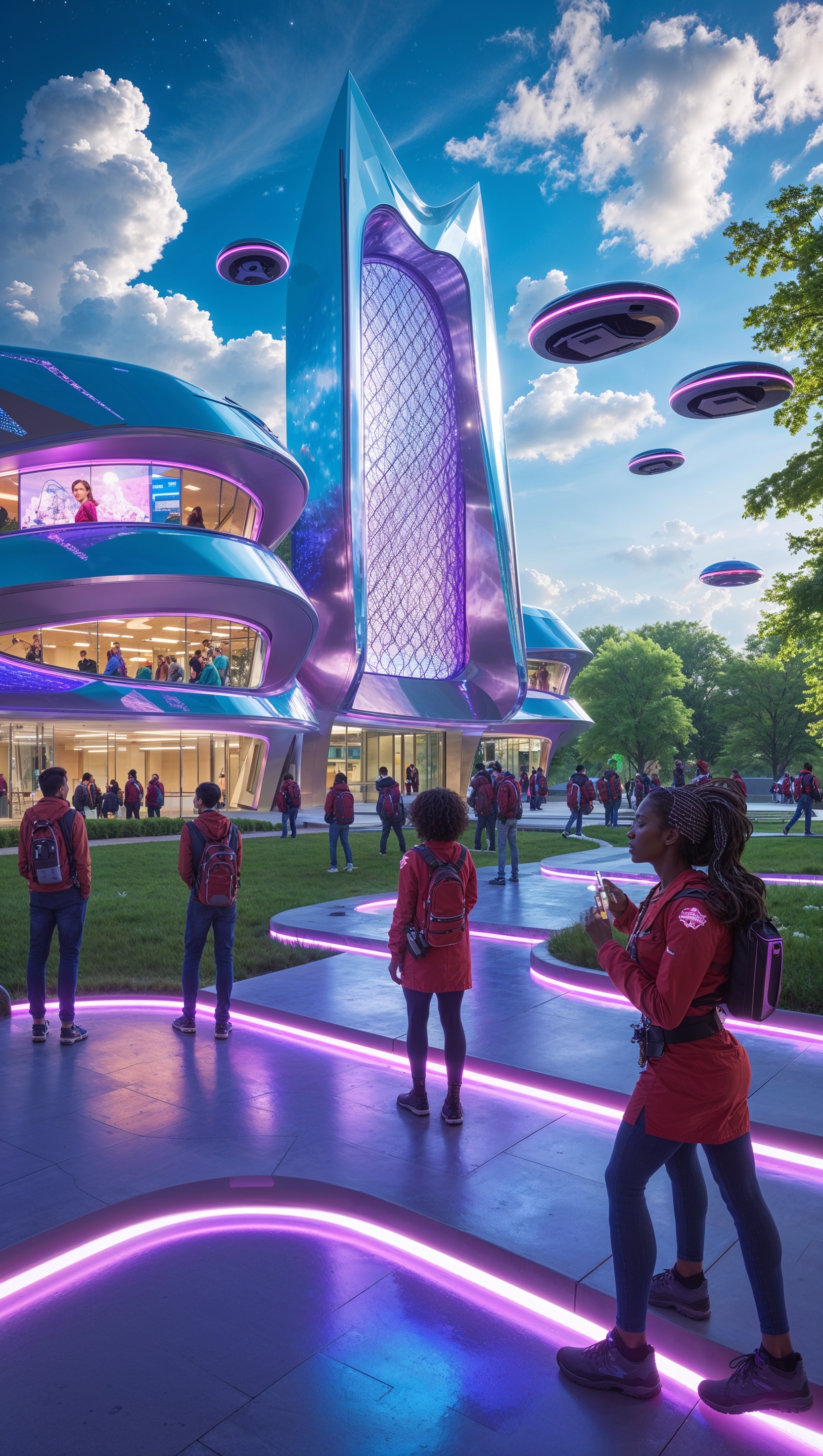 Futuristic Ohio State campus in year 2100, advanced architecture, sci-fi iPhone wallpaper