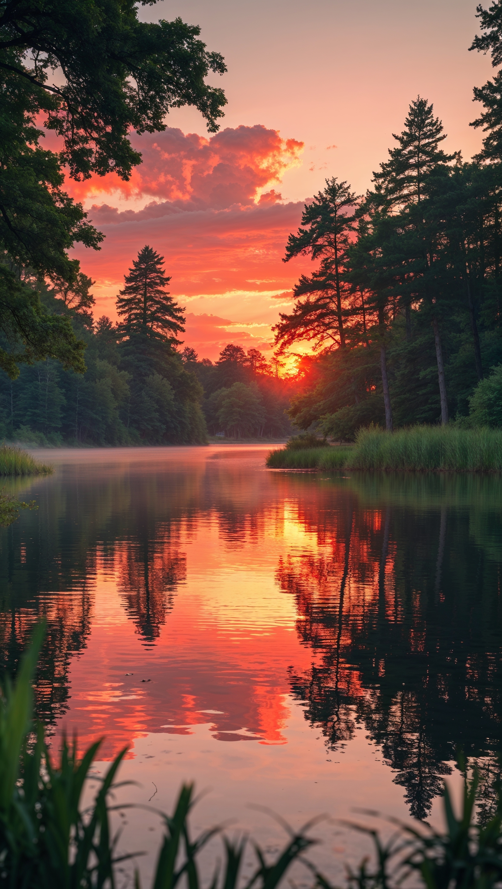 Sunset over Ohio State's Mirror Lake, romantic and warm tones, iPhone wallpaper