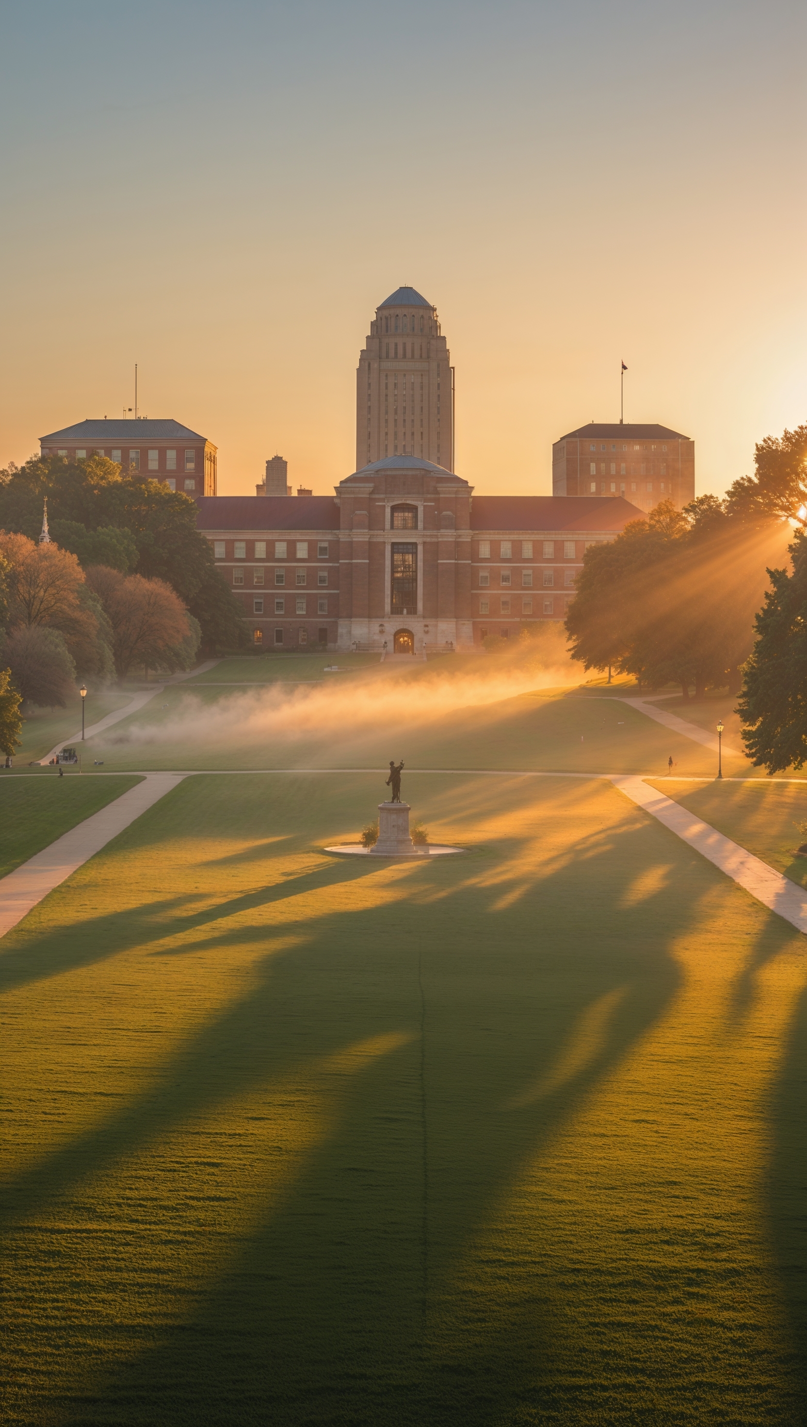 Ohio State Oval at sunrise, peaceful and golden light, iPhone wallpaper