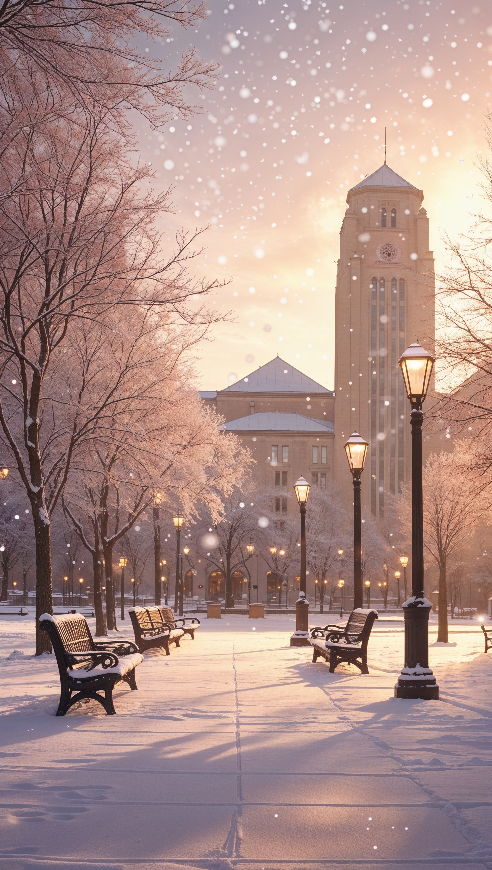Snow-covered Ohio State campus in winter, quiet and calm scene, iPhone wallpaper
