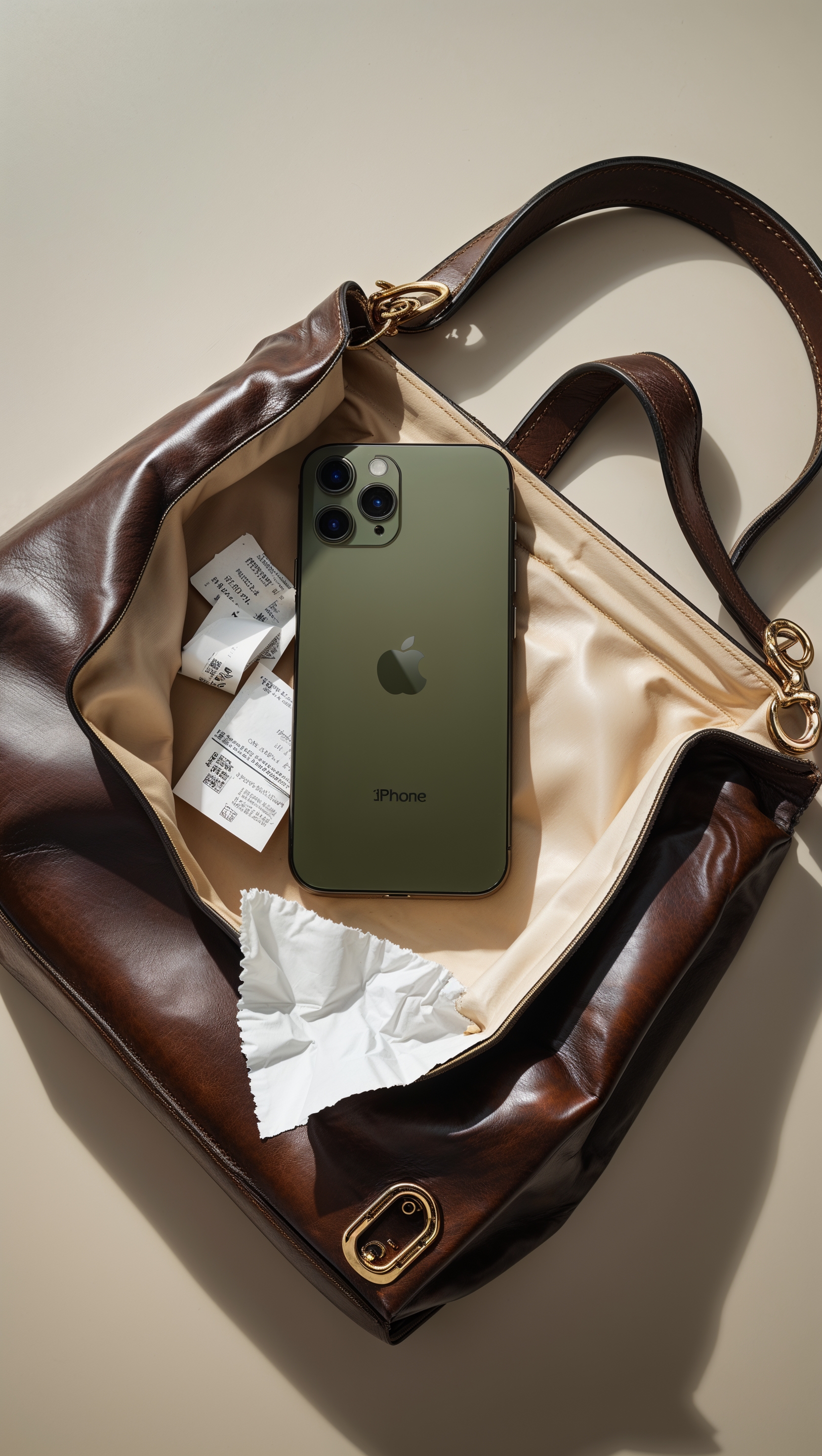 Olive green iPhone inside a leather handbag